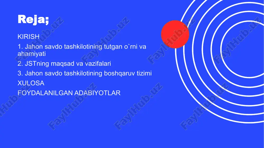 muhitni ta’minlashga qaratilgan harakatlar barbod bo‘lganligini va yangi tizim yaratish muhim ahamiyat kasb etishini namoyon qildi. qolaversa, xalqaro hamkorlik va birdamlik nafaqat siyosiy jihatdan, balki iqtisodiy, ijtimoiy, madaniy sohalarda, hatto fan va ta’lim sohalarida dolzarbligi va eng ustuvor vazifa ekanligi borasida yakdil to‘xtamga kelingan 5 jstning eng asosiy maqsadi - bu global savdoni erkinlashtirish va teng sharoitlarda raqobat muhitini yaratish uchun barcha a'zo davlatlarga xos xalqaro savdo tizimini qayta ko'rib chiqish orqali global tartibni ta'minlashdan iboratdir. jstning asosiy tamoyillari orasida eng qulay davlat rejimi, shaffoflik tamoyili, maslahatlashuv va nizolarni hal qilish, o'zaro hamkorlik va muzokaralar tamoyili mavjud. muzokaralar tamoyilga ko'ra, ta'sis va asosiy kelishuvi sifatida tavsiflangan jst bitimining, amalga oshirish jarayonida kerak bo'lgan vaziyatda mazmunni aniqlashtirilishi, yangi ehtiyojlar va tushunchalarga ko‘ra takomillashtirilishi yoki ishlab chiqilishi doirasida, jst a'zolari tomonidan olib boriladigan muzokaralarda ilgari suriladi. 6 jstning eng muhim tamoyillaridan biri bo'lgan eng qulay davlat rejimi ro'yxatidan o'tkazishning esa ikkita majburiyati …