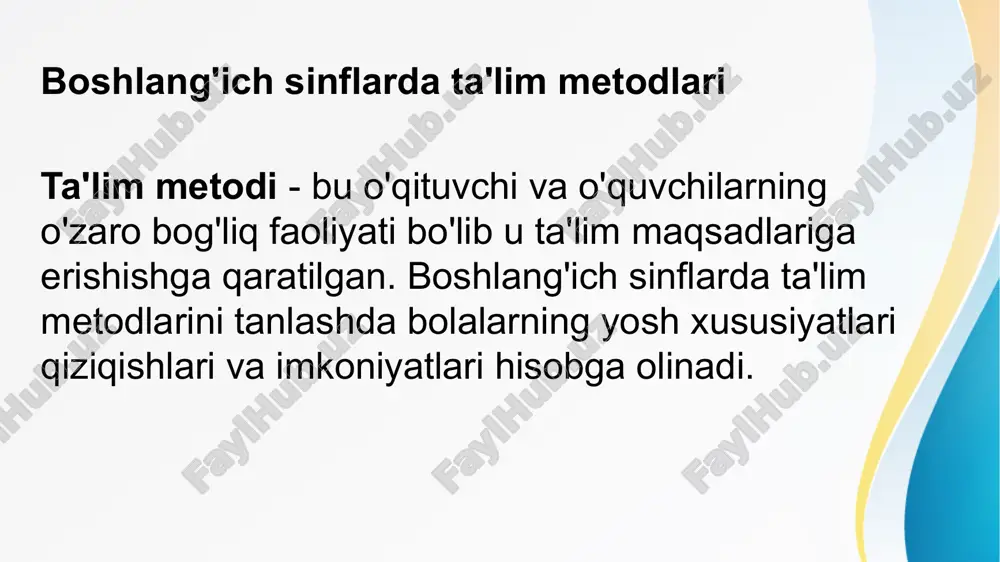 larini tanlashda quyidagilarga e'tibor berish kerak: ta'lim maqsadlari va vazifalari o'quv materialining mazmuni o'quvchilarning yosh xususiyatlari va qiziqishlari o'qituvchining tajribasi va mahorati ta'lim muassasasining imkoniyatlari e’tiboringiz uchun rahmat image1.jpeg image3.png image4.png image5.png image2.jpeg /docprops/thumbnail.jpeg