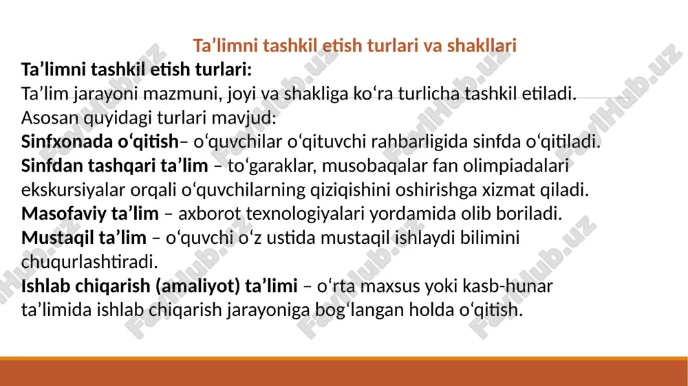 , ko‘nikma va malaka (bkm) darajasini aniqlash, ularning rivojlanish holatini baholash jarayonidir. tashxis turlari: dastlabki tashxis (kirish nazorati) – yangi mavzu yoki o‘quv yili boshida o‘quvchining mavjud bilim darajasi aniqlanadi. joriy tashxis – dars jarayonida, mavzu o‘rganilayotganda o‘tkaziladi (og‘zaki so‘rov, test, yozma topshiriq orqali). oraliq tashxis – bir necha mavzularni yakunlagandan so‘ng o‘tkaziladi. yakuniy tashxis (chiqish nazorati) – o‘quv yili yoki bo‘lim oxirida o‘quvchilarning umumiy bilim darajasi baholanadi. tashxisning asosiy usullari: og‘zaki so‘rov (savol-javob) yozma ishlar, testlar amaliy mashg‘ulotlar (masalan, hisob-kitob, chizish, o‘qish) kuzatish portfolioni tahlil qilish (o‘quvchi ishlari to‘plami) tashxis natijasi nimaga xizmat qiladi: o‘quvchilarning bilim darajasini aniqlashga; dars metodikasini to‘g‘rilashga; individual yondashuvni kuchaytirishga; o‘quvchilarning o‘sishini kuzatishga. e’tiboringiz uchun rahmat image2.png image3.jpeg /docprops/thumbnail.jpeg