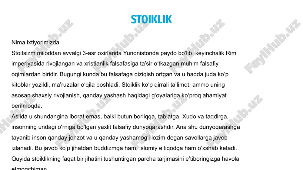 yligimiz, obro‘-e’tiborimiz va dunyoviy muvaffaqiyatimiz oxir-oqibat baribir nazoratimizdan tashqaridadir. insonning baxtsizligi asosan ana shularni xato tasniflash oqibatidir, ya’ni aslida ixtiyorimizdan tashqari narsalarni nazorat qilishimiz mumkin deb o‘ylaymiz. 03 bu bo‘linish ichki yoki tashqi narsalar o‘rtasidagi farqqa asoslanayotgandek tuyulishi mumkin: ongimizni boshqarishimiz mumkin, ammo atrofimizdagi dunyoni emas. yoki buni aqliy va jismoniy narsalar o‘rtasidagi farq sifatida tasavvur qilish mumkin: fikrlarimizni boshqarishimiz mumkin, ammo tanamiz yoki mulkimiz kabi moddiy narsalarni emas. bularning hech biri to‘kis to‘g‘ri emas, ya’ni ular faqat qisman to‘g‘ri. 01 epiktetning “qo‘llanma”si u “ixtiyorimizda” va “ixtiyorimizda bo‘lmagan” deb hisoblagan narsalar haqidagi aniq mulohazalar bilan boshlanadi. biz boshqara oladigan, ya’ni ixtiyorimizdagi narsalar – bizning hukmlarimiz, intilishlarimiz va xohishlarimizdir. geraklitning eng muhim falsafiy gʻoyasi – qarama-qarshiliklarning kurashi va uygʻunligidir. uning fikricha, oʻzgarishlar qarama-qarshi kuchlarning taʼsiri natijasidir, qarama-qarshiliklar abadiy kurashda, hamma narsa kurash va zaruriyat oqibatida vujudga keladi. geraklit taʼkidlashicha, urush – hamma narsaning otasi va podshosidir; u ayrimlarga xudolar, boshqalarga odamlar …