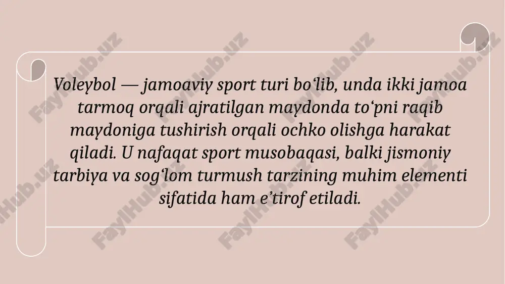 ) ochko yo‘qotishga sabab bo‘ladi. 9 o‘yinchilar 3 ta oldingi (hujumchi) va 3 ta orqa (himoya) chiziqda joylashadi. har setda o‘yinchilar aylanish (rotatsiya) orqali joy almashadilar. 10 voleybolda ochko tizimi 11 to‘p raqib maydoniga tushsa – ochko; raqib xato qilsa – ochko; servis vaqtida qoidabuzarlik bo‘lsa – ochko raqibga; har set g‘olibi 25 ochkogacha birinchi bo‘lib yetgan jamoa. voleybol texnikasi 12 to‘pni qabul qilish (qabul zarbasi); to‘pni oshirish (pas berish); hujum zarbasi; blok qo‘yish; himoyada o‘yin harakatlari. voleybol taktikasi taktika — jamoaning o‘yin davomida harakatlarini muvofiqlashtirish san’atidir: hujum taktikasi (kombinatsiyalar, aldov harakatlar); himoya taktikasi (pozitsion joylashuv, bloklash tizimi). 13 o‘yin maydoni o‘lchamlari maydon: 18 × 9 metr; markaziy tarmoq maydonni teng ikkiga bo‘ladi; har bir tomon 9 × 9 metrli kvadrat. 14 balandligi erkaklar uchun: 2,43 metr; ayollar uchun: 2,24 metr; yosh toifalariga ko‘ra o‘lchamlar pasaytiriladi. 15 to‘pning o‘lchami va og‘irligi aylana uzunligi: 65–67 sm; og‘irligi: 260–280 g; havo bosimi: …