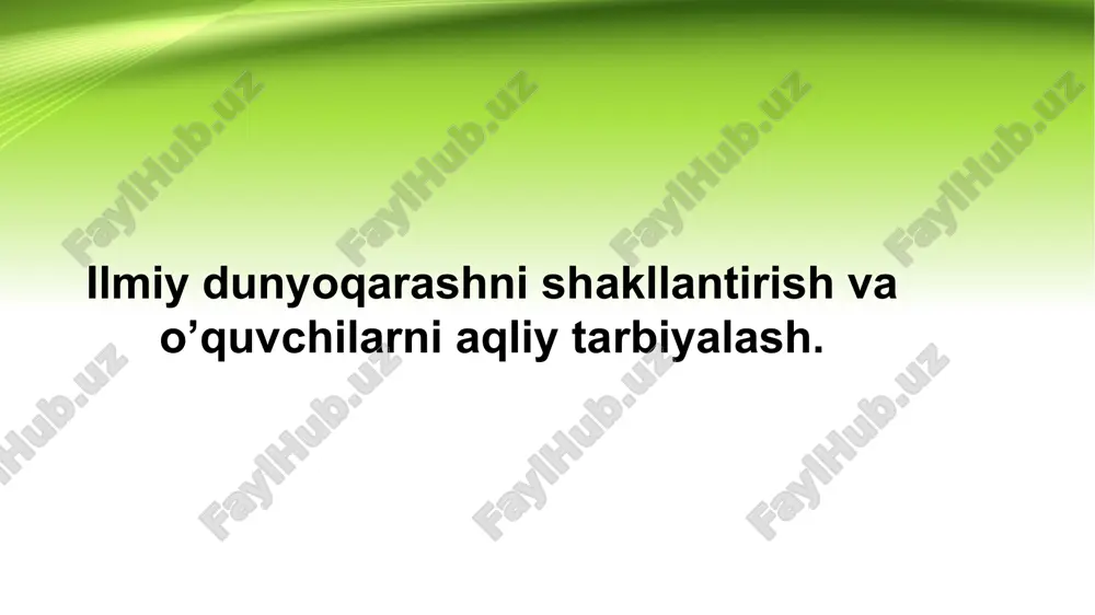 ngiliklari bilan tanishtirish – zamonaviy ilmiy aqliy tarbiya — bu o‘quvchilarning bilish faoliyatini, mantiqiy fikrlashini, xotira, diqqat va tafakkurini rivojlantirish jarayonidir. aqliy tarbiya tushunchasi va vazifalari: aqliy tarbiyaning asosiy vazifalari: bilim olishga ongli ehtiyojni shakllantirish; bilish jarayonida tahlil, solishtirish, umumlashtirish ko‘nikmalarini rivojlantirish; o‘quvchilarning tafakkur madaniyatini oshirish; mustaqil o‘qish va izlanish malakasini tarbiyalash. e’tiboringiz uchun rahmat image2.jpeg image3.png image4.png image1.jpeg /docprops/thumbnail.jpeg