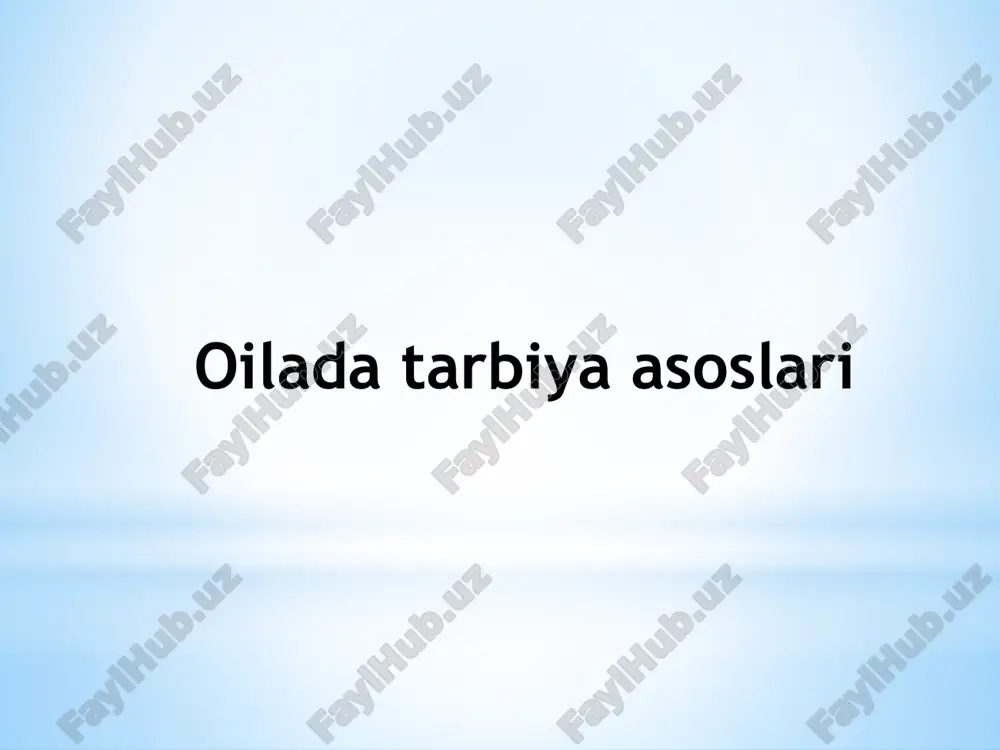 olar befarqlik yoki zo‘ravonlik bo‘lsa – bola ruhiy jihatdan iztirob chekadi bu esa uning xulqida salbiy iz qoldiradi. oilaviy tarbiyada milliy qadriyatlar o‘zbek oilasi qadimdan ma’naviyatga boy bo‘lib unda: kattalarga hurmat kichiklarga izzat mehmondo‘stlik sadoqat mehnatsevarlik singari qadriyatlar avloddan-avlodga o‘tib keladi. bu qadriyatlar bugungi kunda ham farzand tarbiyasining asosi bo‘lib xizmat qilmoqda. oilaviy tarbiyada samaradorlik shartlari ota-onaning tarbiyaviy madaniyati yuqori bo‘lishi; farzand bilan do‘stona ochiq muloqot o‘rnatish har bir bolaning yosh va individual xususiyatini hisobga olish uyda ijobiy muhit yaratish maktab va oila hamkorligini yo‘lga qo‘yish e’tiboringiz uchun rahmat /docprops/thumbnail.jpeg