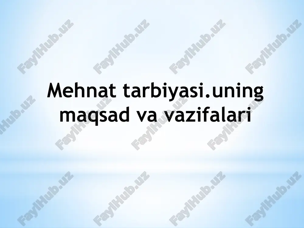 a darslari, amaliy mashg‘ulotlar, ustaxonalar. jamoat mehnati – ko‘kalamzorlashtirish, obodonlashtirish, xayriya ishlarida qatnashish. mehnat tarbiyasining ahamiyati mehnat tarbiyasi shaxsning har tomonlama rivojlanishiga yordam beradi: mustaqil fikrlash va javobgarlikni kuchaytiradi irodani chiniqtiradi sabr va bardoshlilikni o‘rgatadi tashabbuskorlik va ijodkorlikni rivojlantiradi jamiyatga foydali halol va mehnatsevar insonlarni tarbiyalaydi. maktabda mehnat tarbiyasini tashkil etish shakllari dars jarayonida – texnologiya biologiya tasviriy san’at kabi fanlarda amaliy ishlar orqali. sinfdan tashqari ishlar – “mehnat haftaligi”, “tozalikka e’tibor”, “gul ekish kuni” kabi tadbirlar. ota-onalar bilan hamkorlikda – oilaviy mehnat, ijtimoiy loyihalarda ishtirok. kasb-hunarga yo‘naltirish darslari – o‘quvchilarga turli kasblar haqida ma’lumot berish. e’tiboringiz uchun rahmat image1.png /docprops/thumbnail.jpeg