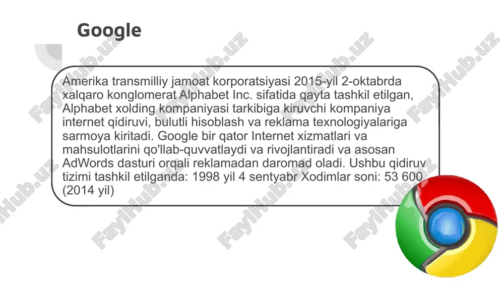 lan cheklangan. kompaniyaning. har bir imtiyozli aksiya o'nta oddiy aksiyaga qarshi ovoz berish mumkin. 2004 yil 30 avgustda ixtisoslashgan savdo platformalarida google optsionlari savdosi boshlandi.googlening eng yirik xaridi 2006 yil noyabr oyida 1,65 milliard dollarga sotib olingan youtube bo'ldi. mutaxassis. google ishlaydi google-da turli vazifalarni bajarish uchun mo'ljallangan bir qancha ixtisoslashgan robotlar mavjud:foydalanuvchi agenti - googlebot, bu qidiruv indeksi uchun sahifa tarkibini skanerlaydigan asosiy robot;googlebot-mobile - mobil qurilmalar uchun saytlarni indekslaydigan robot;google search appliance gsa-crawler - yangi search appliance apparat-dasturiy kompleksining qidiruv roboti;googlebot-image - rasm indeksi uchun sahifalarni skanerlovchi robot (bu darhol xitga aylandi);mediapartners-google - adsense kontentini aniqlash uchun sahifa mazmunini skanerlovchi robot (kontekstli internet reklamasining kashshofi);adsbot-google - bu adwords ochilish sahifalarining sifatini baholash uchun kontentni skanerlaydigan robot. google ma'lumotlar markazi shunday ko'rinadi google qanday xizmatlarga ega? oogle qidiruvo'zining mobil ilovasiga ega eng katta qidiruv tizimi. google xaritalariyo'nalishlar, gps navigatsiyasi va yangilangan trafik ma'lumotlari. google tarjimonnutqni, chop etilgan, qo'lda yozilgan …