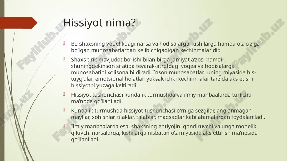 hissiyoti jarayonlari shaxsning hissiyoti jarayonlari deganda insonning hissiy (emotsional) holatlari qanday shakllanishi, rivojlanishi va ifodalanishi tushuniladi. bu jarayonlar psixologiyada muhim o‘rin tutadi va bir nechta bosqichlarni o‘z ichiga oladi: 1) hissiyotning yuzaga kelishi; 2) hissiyotni anglash; 3) hissiyotni boshqarish; 4) hissiyotni ifodalash; 5) hissiy holatning ta’siri. hissiyotlarning paydo bo‘lishi (emergatsiyasi) psixologik nuqtai nazardan, hissiyotlar tashqi yoki ichki stimul (ta’sir)ga javoban vujudga keladi. masalan, xavfli holat - qo‘rquv hissini, yutuq – quvonch hissini uyg‘otadi. bunda: kognitiv baholash jarayoni muhim ro‘l o‘ynaydi – ya’ni shaxs vaziyatni qanday tushunishi va baholashi hissiy reaksiyani belgilaydi. bu bosqichda miya (ayniqsa limba tizimi va amigdalalar) faollashadi. hissiyotni anglash va identifikatsiya qilish shaxs o‘zida vujudga kelgan hissiy holatni ongli ravishda anglaydi. bu bosqichda: inson o‘z hissiyotini nomlay oladi. (masalan, “men xafa bo‘ldim) bu jarayon o‘z-o‘zini tushunish (self-awareness) va emotsional intelekt bilan bog‘liq. hissiyotlarning jismoniy va fiziologik ifodasi har bir hissiy holat tanada fiziologik o‘zgarishlar bilan kechadi.: yurak …