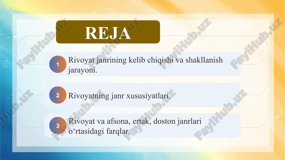 arayoni rivoyatlar shakllanishida qadimgi og‘zaki an’analar va diniy e’tiqodlar katta rol o‘ynagan. xalq dastlab tabiat hodisalari va sirli voqealarni tushuntirish uchun og‘zaki hikoyatlar yaratgan. bu hikoyatlar vaqt o‘tishi bilan diniy e’tiqodlar bilan uyg‘unlashgan. masalan, islom dini kirib kelgach, avliyolar, payg‘ambarlar va muqaddas joylar haqidagi rivoyatlar keng tarqaldi. shuningdek, zardushtiylik, shomonlik va boshqa qadimiy e’tiqodlarning ta’siri ham seziladi. har bir rivoyatda xalqning iymoni, ishonchi va ruhiy kechinmalari aks etadi. shu bois rivoyatlar nafaqat badiiy, balki diniy-ma’naviy meros sifatida ham qadrlanadi. ular xalqning e’tiqodi va dunyoqarashini ifoda etuvchi muhim og‘zaki manbaga aylangan. rivoyatlar realizm va mifologiya elementlarini birlashtirganligi bilan afsonalardan farq qiladi. masalan, “, “zangiota”, “hazrati dovud g‘ori” haqidagi rivoyatlar shu turga kiradi. rivoyatlarda tarixiylik, e’tiqodiylik va xalq tafakkuri bir butun holda namoyon bo‘ladi. shu jihatdan ular o‘zbek folklorining badiiy-tarbiyaviy qiymati yuqori janridir. rivoyatning janr xususiyatlari rivoyatlar xalq og‘zaki ijodining tarixiy haqiqat va xalq tasavvuri uyg‘unlashgan nasriy janridir. ular odatda haqiqiy voqealar, …