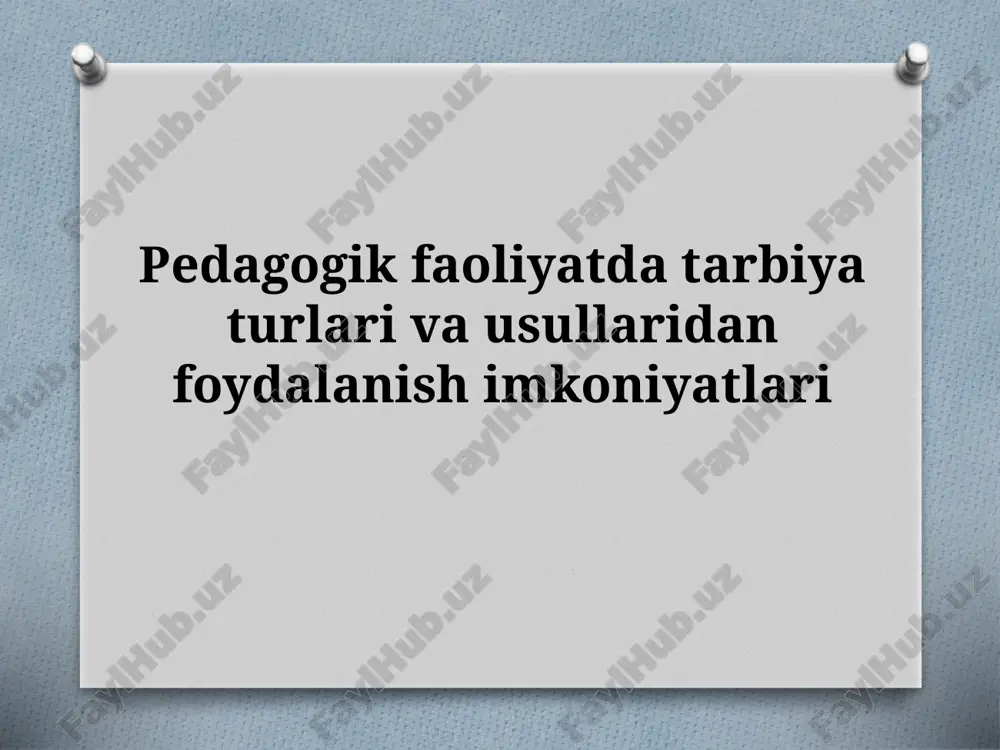 shirish uchun turli usullardan foydalaniladi. ular tarbiyaviy maqsad o‘quvchilarning yoshi va muhitiga qarab tanlanadi. 1. ishontirish usullari suhbat, ma’ruza, hikoya munozara, maslahat; o‘quvchilarda to‘g‘ri qarash e’tiqod va ishonch hosil qilish uchun qo‘llaniladi. 2. amaliy (faoliyat orqali tarbiyalash) usullari topshiriq, mehnat, jamoaviy ish mashq va o‘yinlar o‘quvchini faoliyatga jalb etish orqali tarbiyaviy natijaga erishiladi. 3. rag‘batlantirish va jazolash usullari maqtov, mukofot, rag‘bat xatlari tanbeh, ogohlantirish; to‘g‘ri xatti-harakatni mustahkamlash noto‘g‘risini tuzatish uchun ishlatiladi. 4. namuna (o‘rnak) usuli o‘qituvchining shaxsiy namunasi, ilg‘or o‘quvchilarning faoliyati, mashhur shaxslar hayoti; bu usul o‘quvchilarda ijobiy fazilatlarni shakllantiradi. 5. jamoa orqali tarbiyalash o‘quvchilarni jamoaviy faoliyatga jalb etish o‘zaro yordam va do‘stlikni mustahkamlash jamoada mas’uliyat, o‘zaro hurmat hamjihatlik rivojlanadi. tarbiya usullaridan foydalanish imkoniyatlari pedagog o‘z faoliyatida tarbiya usullarini quyidagi imkoniyatlardan kelib chiqib tanlaydi: o‘quvchilarning yoshi va individual xususiyatlari – kichik yoshdagilarda o‘yin va rag‘bat, yuqori sinflarda munozara va mustaqil faoliyat samaraliroq bo‘ladi. ta’lim jarayoni bilan integratsiya – har bir …
