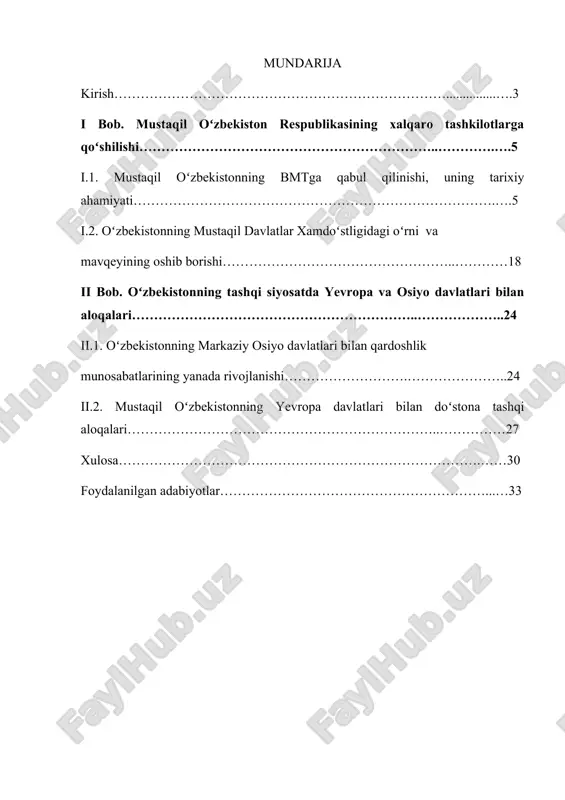 ushda bog`liqdir. “o`zbekiston respublikasining qonuniy yo`l bilan saylangan birinchi prezidenti i.a.karimov xizmatlari natijasida vatanimiz tarixini o`rganishda, vatan tarixshunosligi sohasida bir qator ishlar amalga oshirildi. o‘zbekistonning tashqi aloqalari yo`nalishini teran o`rganish hozirgi paytda kun tartibidagi dolzarb masala hisoblanadi. birinchi prezidentimiz i.a.karimovning chop etilgan har bir asarlarida vatanimiz tarixini o`rganishning naqadar muhimligi bilan bir qatorda, u inson asos solgan do‘stona tashqi siyosat asoslari aniq dalillar bilan yoritilgan. shu sababli marhum yurtboshimiz i.karimovning merosi, uni abadiylashtirish masalasi yana bir dolzarb vazifalardan biri hisoblanadi. bundan tashqari huquqiy demokratik davlat va fuqarolik jamiyatini o`rnatishda, faol diplomatik aoqalarni yo‘lga qo‘yishda i.a.karimovning rahbarlik faoliyatidagi o`rni juda beqiyosdir. i.a.karimovning “o`zbekiston kelajagi buyuk davlat[footnoteref:1], “yuksak ma’naviyat – yengilmas kuch”[footnoteref:2], “buyuk maqsad yo`lidan og`ishmaylik”[footnoteref:3], “o`zbekiston xxi asr bo`sag`asida: xavfsizlikka tahdid, barqarorlik shartlari va taraqqiyot kafolatlari”[footnoteref:4] kabi va yana boshqa bir qator asarlarida ushbu masalalar aniq yoritib berilgan. [1: karimov i a. o'zbekistonning istiqlol va taraqqiyot yo'li. – toshkent: o'zbekiston, 1992. …