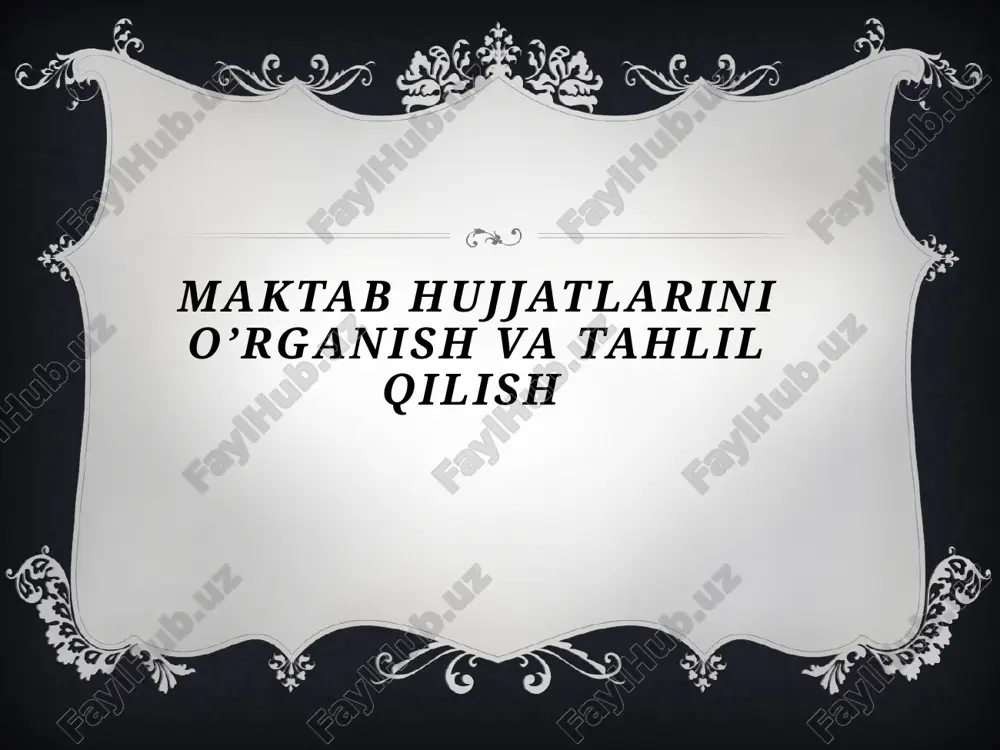 oliyatini baholashda; o‘quv-tarbiya jarayonini rejalashtirishda. o‘rganish va tahlil qilishda foydalaniladigan usullar tahliliy-solishtirma usul – hujjatdagi ma’lumotlarni amaldagi holat bilan taqqoslash. statistik usul – raqamli ma’lumotlarni baholar, o‘quvchilar soni, ishtirok, o‘zlashtirish tahlil qilish. suhbat va so‘rovnoma – hujjatlar bilan bog‘liq amaliyotlarni o‘rganish uchun xodimlar bilan muloqot. monitoring va kuzatuv – hujjatlar asosida ta’lim jarayonini doimiy kuzatish. e’tiboringiz uchun rahmat image3.png image2.png /docprops/thumbnail.jpeg