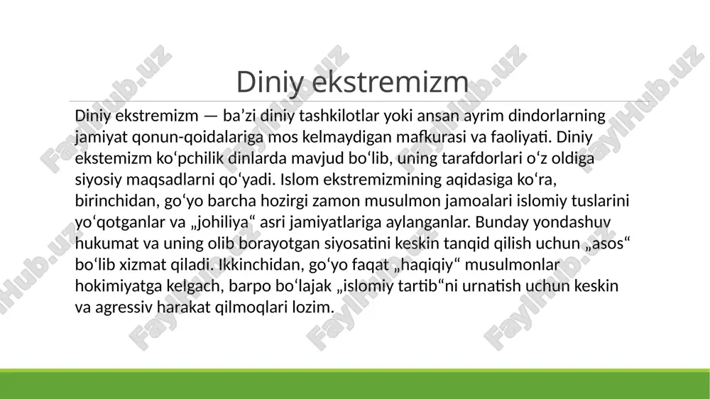 uman qonuniy hokimiyat va dunyoviy qonunlarni tan olmaydilar. ularning fikricha, goʻyo cherkov davlatdan yuqori. pyatidesyatniklarning baʼzi guruhlari esa oʻz tobelarini oʻta shafqatsizlik bilan ado etiladigan ibodatlarga zoʻrlaydilar, dunyo neʼmatlaridan voz kechib, tarkidunyochilik bilan yashashga daʼvat etadilar. diniy ekstremizm yoki ashaddiy akidaparastlik turli koʻrinishlarda namoyon boʻlishi mumkin. mas, olsterdagi „ultra“ protestantlar, yaqin va oʻrta sharqdagi „musulmon-birodarlar“, markaziy osiyo va kavkazda paydo boʻlgan vahhobiylar (qarang va boshqa. ular jamiyatga va qonunlarga deyarli bir uslubda qarshi kurash olib boradilar. diniy ekstremizm muayyan koʻrinishda oʻzbekistonda ham paydo boʻldi. islom ekstremizmi guruhi faoliyati natijasida 1997 yil dekabrda namangan shahrida bir necha qotilliklar yuz berdi. oʻtish davriga xos iktisodiy qiyinchiliklar, xalqning diniy qarashlarga taʼsirchanligi va diniy urf-odatlarga moyilligidan foydalanib, ekstremistlar ochiqdan-ochiq kuch bilan fargʻona vodiysida ijro va sud hokimiyatining ayrim vazifalarini oʻzlashtirishga harakat qildilar. 1999-yil 16 fevralda toshkent shahrida yuz bergan voqealar diniy aqidaparastlarning asl maqsadi konstitutsiyaviy tuzumga zarba berish va hokimiyat tepasiga kelish ekanini koʻrsatdi. …