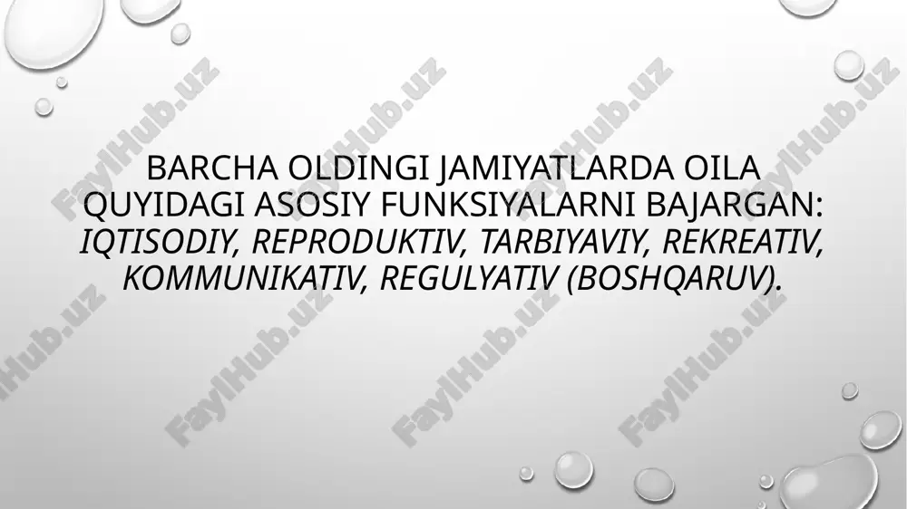a o‘zaro tushunishga bo‘lgan ehtiyojini qondirishga xizmat qiladi. psixologik tadqiqotlarda ta’kidlanishicha, turli ijtimoiy orientatsiyalar, ustanovkalar, hissiy madaniyat, odamning axloqiy, ma’naviy va psixologik salomatligi — oiladagi o‘zaro, ichki mulokot xarakteri, oiladagi katta a’zolarning muloqotda psixologik ustanovkalarni namoyon qilishlari, oiladagi axloqiy-psixologik iqlimga to‘g‘ridan-to‘g‘ri bog‘liqdir. oilaning rekreativ funksiyasi nikoh-oila munosabatlari yuzaga kelgan dastlabki, ibtidoiy zamonlardan buyon unga xarakterli bo‘lib kelgan xususiyatlar, undagi shaxslararo munosabat talablari quyidagicha bo‘lgan:oila a’zolarining axloqiy-psixologik himoyalanishini ta’minlash ,mehnatga yaroqsiz yoki keksa qarindoshlarga moddiy va jismoniy yordam ko‘rsatish va shu kabilar. bu holat o‘z navbatida oilaning asosiy funksiyalaridan yana birini, uning rekreativ funksiyasini tashkil qiladi. oilaning rekreativ — o‘zaro jismo­niy, moddiy, ma’naviy va psixologik yordam ko‘rsatish, bir-birining salomatligini mustahkamlash, oila a’zo­lari dam olishini tashkil etish funksiyasidir. bu funksiya keyingi yillarda yanada muhim ahamiyat kasb etmokda oilaning felitsitologik funksiyasi hozirgi zamon oilasining tobora ahamiyati ortib borayotgan funksiyalaridan biri uning felitsitologik funksiyasidir (italyancha «felitsite» — baxt). shaxsiy baxtga erishishga intilish oilaviy munosabatlar …