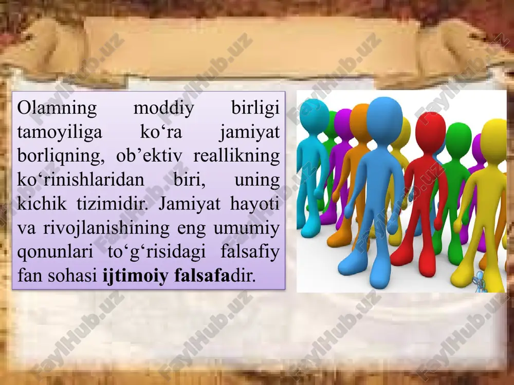 ertal)dagi instinktlar o‘rnini axloq normalari egallab bordi. natijada dunyoning turli mintaqalarida vujudga kelgan odamlar jamoasida ruxsat va ta’qiq tizimi shakllandi. ibtidoiy jamiyat odamlari mifologik dunyoqarash asosida shakllangan. dastlab ular sehrli kuchlar borligiga ishonganlar, ulardan najot tilab yashash tarziga o‘tganlar. diniy dunyoqarashning shakllanishi tufayli ruxsat va ta’qiqlar o‘rniga savob va gunoh haqidagi tushunchalar tarkib topdi; odamzotning keyingi uch ming yillik ma’naviy madaniyati ana shu qarashlar doirasida takomillashib bordi. davlatning demokratik shakllari yuzaga kelgach, jamiyat ma’naviyati qonun ustivorligi ruhida shakllanib bordi. turli tarixiy davrlarda mifologik, diniy, ilmiy va falsafiy qarashlar jamiyatning kelib chiqishi va rivojlanishi to‘g‘risida muayyan bilim, tasavvurlar hosil qilishga imkon bergan. davlat va jamiyat, ijtimoiy munosabatlar haqidagi dastlabki tasavvurlar qadimgi bobil, misr, hindiston, markaziy osiyoda vujudga kela boshlagan. zardushtiylik dinining muqaddas kitobi «avesto»da, qadimgi hind eposlari bo‘lmish «mahabhorat», «ramayana», «kalila va dimna»da jamiyat, inson, ijtimoiy muammolar o‘z ifodasini topgan. jamiyat muammosi qadimgi yunon faylasuflari qarashlarida markaziy o‘rin tutadi. platon va …