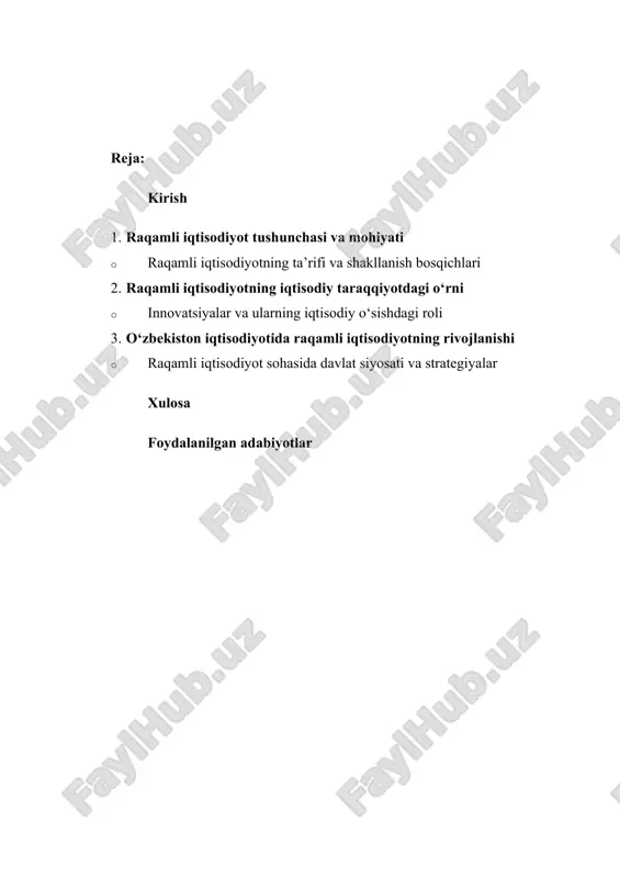 igini, iqtisodiy xavfsizligini va barqaror o‘sishini ta’minlaydi. raqamli texnologiyalar yordamida ishlab chiqarish jarayonlari avtomatlashtiriladi, resurslardan samarali foydalanish imkoniyati kengayadi va inson mehnati yengillashadi. bugungi kunda dunyodagi yetakchi mamlakatlar iqtisodiy ustunlikka aynan raqamli innovatsiyalar orqali erishmoqda. raqamli iqtisodiyotning rivojlanishi natijasida elektron savdo, onlayn to‘lov tizimlari, masofaviy ta’lim va raqamli xizmatlar tarmoqlari tez sur’atlar bilan kengaymoqda. o‘zbekistonda ham so‘nggi yillarda raqamli iqtisodiyotning ahamiyati sezilarli darajada oshib, bu yo‘nalish davlat siyosatining ustuvor yo‘nalishiga aylangan. “raqamli iqtisodiyot” konsepsiyasi orqali davlat boshqaruvida shaffoflik, samaradorlik va tezkorlik ta’minlanmoqda. shu sababli, raqamli iqtisodiyotning rivojlanishini o‘rganish nafaqat nazariy, balki amaliy jihatdan ham muhim ahamiyat kasb etadi. u mamlakat iqtisodiy taraqqiyotining yangi bosqichiga o‘tishda strategik asos bo‘lib xizmat qiladi. ushbu ishning asosiy maqsadi raqamli iqtisodiyotning mohiyatini, uning iqtisodiy taraqqiyotdagi o‘rnini, rivojlanish mexanizmlarini va o‘zbekiston misolida amaliy natijalarini chuqur o‘rganishdan iborat. maqsadga erishish uchun bir nechta muhim vazifalar belgilab olinadi. birinchidan, raqamli iqtisodiyotning nazariy asoslarini tahlil qilish. ikkinchidan, raqamli texnologiyalarning …