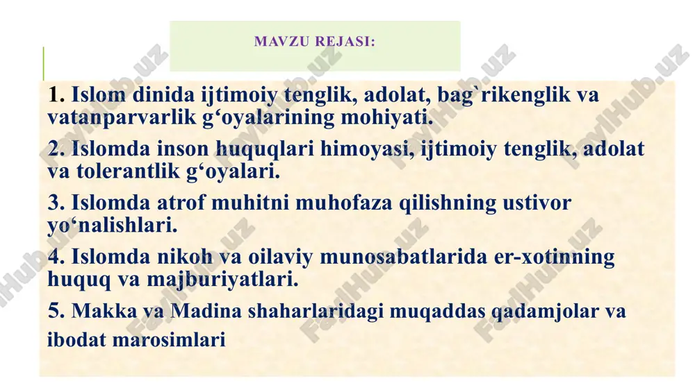 hlik va hurmatni ta’minlaganlar. ijtimoiy bag‘rikenglik – odamlar bir-birining huquqlariga hurmat bilan qarashlari kerak. adolat tamoyili huquqiy adolat – barcha insonlar qonun oldida teng bo‘lishi kerak. ijtimoiy adolat – kambag‘allar, yetimlar, bevalar va zaif insonlarga yordam berish zarurati. shaxsiy adolat – inson o‘z nafsiga zulm qilmasligi va boshqalarga nisbatan adolatli bo‘lishi kerak. qur’onda aytiladi: “albatta, alloh adolatni, ezgulikni va qarindoshlarga saxovatli bo‘lishni buyuradi. u buzuqlik va yomonlikdan qaytaradi.” (an-nahl surasi, 90-oyat) zakat va sadaqa tizimi adolatning iqtisodiy jihatini ta’minlaydi, ya’ni jamiyatda boylikning adolatli taqsimlanishiga xizmat qiladi. vatanparvarlik g‘oyasi islom dini vatanparvarlikni targ‘ib qiladi va musulmonlarni o‘z yurtiga sadoqatli bo‘lishga chaqiradi. payg‘ambar muhammad (s.a.v.) makkadan hijrat qilish chog‘ida vataniga bo‘lgan muhabbatlarini ifodalaganlar: "ey makkam! agar qavmim meni quvib chiqarmaganida, seni tark etmagan bo‘lar edim!" islomda o‘z yurtini himoya qilish, uni obod qilish, xalqiga xizmat qilish katta savobli amallardan hisoblanadi. o‘z yurtini rivojlantirish, uni bilim, iqtisod va axloqiy jihatdan yuksaltirish ham vatanparvarlikning …