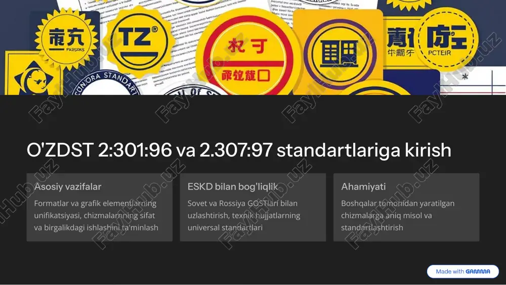 qalin chiziq ko'rinadigan kontuurlar va asosiy qirralari belgilash uchun qiya ingichka chiziq yordamchi chiziqlar, d47 4@o4giklar o'rtasida hujjatlar birgalikdashi va tushunarli bo'lishini ta'minlaydi cad-sistemalarda standartlar avtomatlashtirilgan loyihalashda (sapr) standartlarni qat'iy bajarish 4 dastur bilan to'g'ri ishlashning shart-sharti https://gamma.app/?utm_source=made-with-gamma standartlardagi zamonaviy o'zgarishlar va yangilanishlar 01 gost 2.302-68 ning yangilanishlari masshtablar va chiziq turlari bo'yicha qoidalar yangilandi va kengaytirildi 02 elektron hujjatlar va raqamli formatlar pdf, dwg, bim-formatlar 4 raqamli texnologiyalar standartlarni yangilab bormoqda 03 o'zbekistonda standartlarning rivojlanish istiqbollari xalqaro standartlarga yaqinlashish va mahalliy loyihalarning zamonaviylanishi davom etmoqda https://gamma.app/?utm_source=made-with-gamma xulosa: standartlarning sifat va samaradorlik uchun ahamiyati o'zdst 2:301:96 va 2.307:97 4 texnika va loyihalashning asos. ushbu standartlarga amal qilish 4 muammosiz, samarali va balangli loyihalarning kafolati. aniqlik va hamkorlik standartlar injanerlarda bir xillik va o'zaro tushunarli bo'lishini ta'minlaydi muvaffaqiyatli loyihalar standartlarni amal qilish 4 texnika va qurilish sohasida erishilishi mumkin bo'lgan eng muhim shart doimiy tatbiq o'zdst qoidalarini o'rganish va amalda qo'llash …