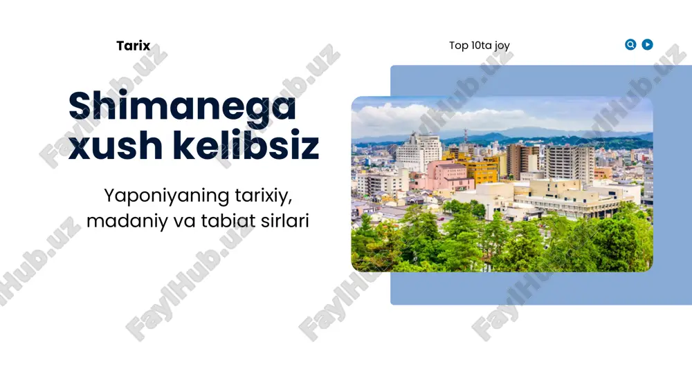dan so‘ng, qal’a xandag‘i atrofida qayiqda sayr qilishingiz kerak. 3. yusien bog‘i 40 000 kvadrat metrdan ortiq maydonni egallagan yusien bog‘i eng kichik tafsilotlargacha puxta o‘ylangan va loyihalashtirilgan: mavsumiy gullar, hovuzlar va aniq daraxt shakllarining uyg‘unligi uni yaponiyaning eng go‘zal bog‘laridan biriga aylantiradi. yapon pionlari bog‘ning o‘ziga xos xususiyatiga aylandi: iqlim nazorati o‘rnatilgan maxsus issiqxonada yil davomida 250 dan ortiq turdagi pionlar gullaydi. bog‘ hududida uchta restoran mavjud bo‘lib, u yerda yapon oshxonasi taomlarini tatib ko‘rish va bog‘ning ajoyib manzarasidan bahramand bo‘lish mumkin. 3. yusien bog‘i 4. idzumo taysya ibodatxonasi lu qadimgi yaponiyaga borib taqaladigan boy tarixga ega bo‘lgan eng qadimgi va eng muhim yapon ibodatxonalaridan biri hisoblanadi. ibodatxonaning hatto o‘z ibodat uslubi ham bor: odatda ibodat paytida ikki marta egiladi, ikki marta qarsak chaladi, duo qilinadi va yana egiladi - idzumo tayshada esa ikki marta emas, to‘rt marta qarsak chalish kerak. 5. ivami-gindzan kumush koni xvi-xx asrlar oralig‘ida ivami-gindzan …