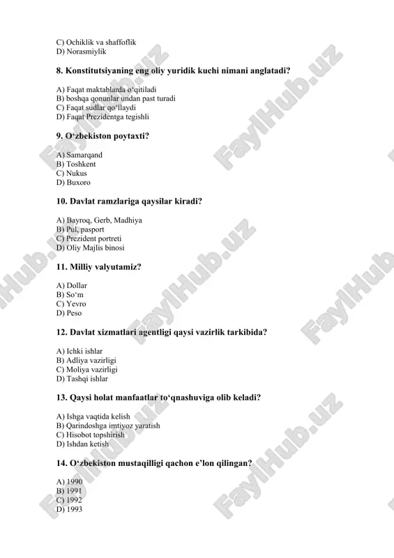 ) ma’muriy-hududiy birliklar b) xususiy sektorlar c) qishloq xo‘jaligi zonalari d) aholi soni bo‘yicha 19. budjet mablag‘lari nimaga mo‘ljallangan? a) xususiy biznes ehtiyojlariga b) davlat va jamiyat ehtiyojlariga c) faqat sport sohasiga d) faqat ta’limga 20. sud qarorlari qanday kuchga ega? a) tavsiya xarakterida b) majburiy c) faqat istaganlar bajaradi d) talabalar uchun 21. “elektron hukumat” loyihasining maqsadi? a) qog‘oz sarfini ko‘paytirish b) jarayonlarni raqamlashtirish c) ish vaqtini uzaytirish d) faqat hisobot olish 22. kadrlar tanlovida asosiy mezon? a) halollik va malaka b) qarindoshlar c) tanishlar d) pul 23. konstitutsiya qachon qabul qilingan? a) 1991 b) 1992 c) 1993 d) 1994 24. ovoz berish huquqi nechchi yoshdan beriladi? a) 14 b) 16 c) 18 d) 21 25. davlat xizmatchisining etikasi nimaga asoslanadi? a) hurmat va madaniyat b) qo‘pollik c) manfaatlar to‘qnashuvi d) shaxsiy foyda 26. vazirlar mahkamasining asosiy vazifasi? a) qonun chiqarish b) ijro etish c) sud qarori chiqarish d) …