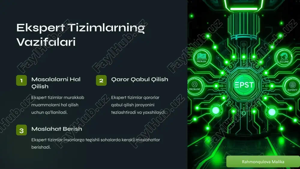 shxis qilish va davolash jarayonlariga yordamlashadi. muhandislik loyihalash, ishlab chiqarish va ta'mirlash jarayonlarini optimallashtiradi. moliya investitsiya tahlili, tavakkallarni baholash va qarorlar qabul qilishda yordam beradi. rahmonqulova malika 7 ekspert tizimlarning afzalliklari 1 yuqori samaradorlik insonlarnikiga qaraganda tezroq va aniqroq qarorlar qabul qiladi. 2 doimiy xizmat kunning har qanday vaqtida odam-inson bilan taqqoslanganda doimo xizmat ko'rsatadi. 3 sifatli tahlil insoniy xatoliklardan xoli bo'lib, aniq va sifatli tahlil qiladi. rahmonqulova malika 8 ekspert tizimlarning kamchiliklari yaratuvchilik qobilyatining cheklanganligi ekspert tizimlar faqat mavjud bilimlar doirasida ish ko'radi. moslashuvchanlikning kamroqligi ekspert tizimlar o'zgaruvchan sharoitlarga tezda moslasha olmaydi. bilimlar bazasining qiyinchiliklar ushlashi bilimlar bazasining to'liqligi va to'g'rililigining ta'minlanishi muammoli bo'lishi mumkin. rahmonqulova malika 9 xulosa va tavsiyalar yuqori samaradorlik ekspert tizimlar insonlardan ancha tezroq va aniqroq qarorlar qabul qiladi. doimo xizmat qilish ekspert tizimlar kunning istalgan vaqtida foydalanuvchilarga xizmat ko'rsatadi. yangi imkoniyatlar texnologiyalarning rivoji bilan ekspert tizimlar qobiliyatlarini oshirish mumkin. ekspert tizimlar qiymatli axborot manbalari …