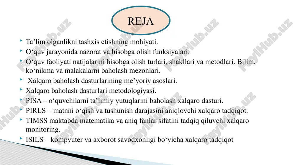 rat – ta’lim oluvchilarning chorak yoki yarim yillik uchun belgilangan o‘quv materiallari bo‘yicha o‘zlashtirilgan bilim, ko‘nikma va malakalari darajasini aniqlash, baholash shakli bo‘lib, o‘rganilgan mavzular bo‘yicha yozma, og‘zaki, test shaklida o‘tkaziladi. bahoni amalda egallangan bilim, ko‘nikma va malakalar bilan davlat ta’lim standartiga ko‘ra o‘zlashtirilishi belgilangan bilim, ko‘nikma va malakalar umumiy hajmi o‘rtasidagi nisbat sifatida tushunish (ta’riflash)dan ta’lim darajasining miqdoriy mazmuni kelib chiqadi. o‘zlashtirish (ta’lim samaradorligi) ko‘rsatkichi bat yuz foiz nisbat asosida hisoblanadi. bunda: b – o‘zlashtirish (ta’lim samaradorligi) bahosi; a – amalda o‘zlashtirilgan bilim, ko‘nikma va malakalarning hajmi; t – o‘zlashtirish nazarda tutilgan bilim, ko‘nikma va malakalarning to‘liq hajmi. ko‘rinib turibdiki, o‘zlashtirish ko‘rsatkichi (baho) bu o‘rinda 100 foiz – axborotni to‘liq o‘zlashtirish va 0 foiz – uning umuman mavjud emasligi o‘rtasida bo‘ladi. ma’lumki, baholash funksiyasi ta’lim darajasini qayd etish bilangina cheklanmaydi. pedagogika fani bilimlarni o‘z vaqtida nazorat qilish va baholashning uchta vazifasi borligini alohida uqtiradi: o‘zlashtirishni nazorat qilish va baholash …