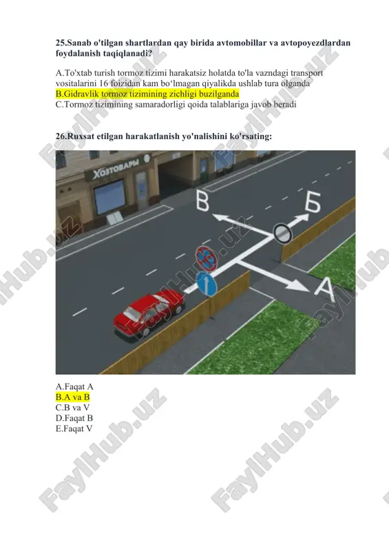 alarini boshqarish huquqiga ega bo'lgan va shu toifadagi transport vositalaridan birini 3 yildan ortiq boshqargan haydovchilarga b.»c» toifadagi transport vositasini boshqarish huquqi guvohnomasi boʻlib, shu avtomobilda uch yillik ish davriga ega bo'lgan haydovchilarga 30.jihozlangan bekatlari boʻlmagan tramvay to'xtash joylarida unga chiqish uchun qachon qatnov qismiga chiqishga ruxsat etiladi? a.agar qatnov qismida transport vositalari yo'q bo'lsa, tramvay yaqinlashib kelganda b.tramvay to'la to'xtagandan so'nghar qanday holda c.tramvay yaqinlashib kelganda 31.sanab o'tilgan hollarning qay birida qatnov qismining o'ng chetidan yoki yo'lning o'ng yoqasidan qayrilishga ruxsat etiladi? a.chorrahalardan tashqarida, agar qatnov qismining kengligi chetki chap holatdan qayrilish uchun yetarli bo'lmasa b.tartibga solingan chorrahalarda c.tartibga solinmaydigan chorrahalarda, agar qayrilishni amalga oshirayotgan transport vositasi asosiy yo'lda bo'lsa 32.tartibga soluvchining hushtak ishorasi xizmat qiladi: a.harakat ishtirokchilarining e'tiborini jalb etish uchun b.harakat ishtirokchilarining e'tiborini jalb etish uchun c.zarur hollarda «qoʻini yuqoriga ko'tarish» ishorasining o'rnini bosish uchun 33.qaysi javobda yo'lovchilar uchun chiqish va tushish maydonchasi boʻlmagan sharoitdagi yo'lovchilar chiqish …