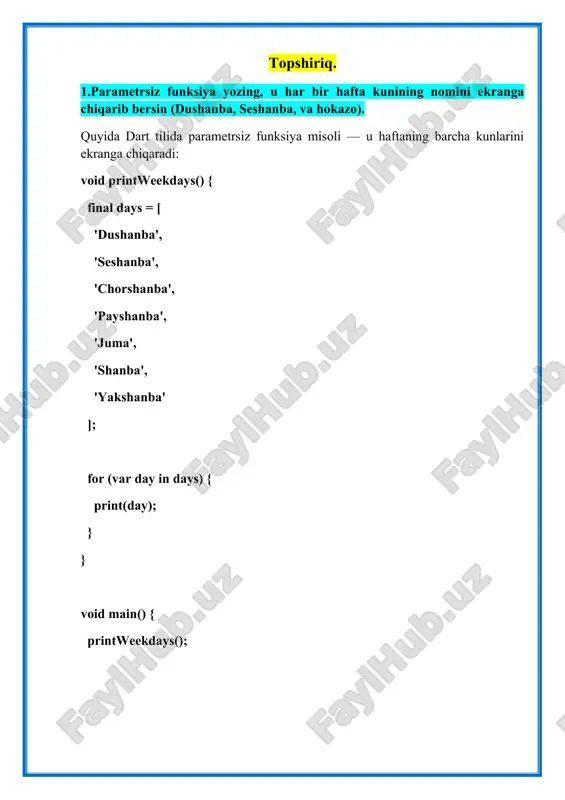 ism va familiyasini qabul qilib, to‘liq ismini chiqaruvchi funksiya. void printfullname(string firstname, string lastname) { print('to‘liq ism: $firstname $lastname'); } void main() { string ism = 'botir'; string familiya = 'aliyev'; printfullname(ism, familiya); } 6. matnda har bir belgi necha marta takrorlanishini ekranga chiqaruvchi funksiya yozing. void countcharacters(string text) { map counts = {}; // har bir belgini va sonini saqlash uchun for (var char in text.split('')) { if (counts.containskey(char)) { counts[char] = counts[char]! + 1; } else { counts[char] = 1; } } print('belgilar soni:'); counts.foreach((char, count) { print('$char : $count'); }); } void main() { string matn = 'salom'; countcharacters(matn); } 7. foydalanuvchidan uchta son qabul qilib, ularni kichikdan kattaga qarab ekranga chiqaruvchi funksiya yozing. void sortnumbers(int a, int b, int c) { list numbers = [a, b, c]; numbers.sort(); // sonlarni kichikdan kattaga tartiblaydi print('sonlar kichikdan kattaga qarab: $numbers'); } void main() { // bu yerda istalgan …