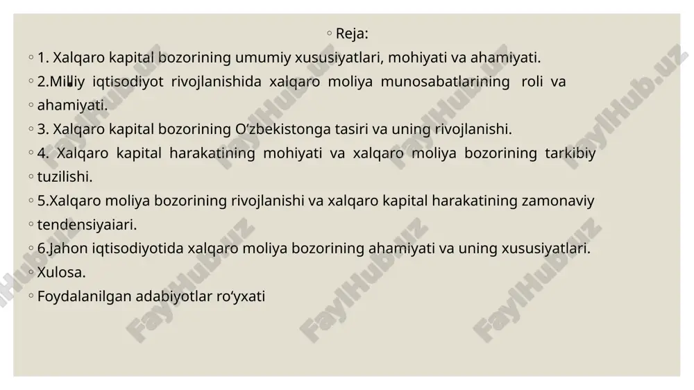 o‘lib jami 28 sahifani tashkil etadi. . i-bob. xalqaro kapital bozori, uning xususiyatlari va o‘zbekistonga ta’siri. 1.1. xalqaro kapital bozorining umumiy xususiyatlari, mohiyati va ahamiyati. kapital bozori tuzilishi jihatidan juda murakkab. soddalashtirilgan shaklda kapital bozori quyidagi asosiy bo‘linmalarni o‘z ichiga oladi: 11) pul bozori yoki kredit bozori; 2) qimmatli qog‘ozlar bozori yoki fond bozori; 3) valyuta bozori; 4) oltin va boshqa qimmatbaho metallar bozori; 5) sug‘urta bozori. pul bozori,yoki kredit kapitali (kredit bozori)- bu kredit operatsiyalari amalga oshiriladigan bozor (qarz vositasi sifatida pulni sotib olish va sotish).pul bozori, o‘z navbatida, bo‘linadi a) qisqa muddatli kredit bozori va b)uzoq muddatli kredit bozori. ushbu bozorlar nafaqat kredit berish jihatidan, balki, eng muhimi, kredit olish maqsadi bilan farq qiladi: qisqa muddatli kreditlar bozorida har qanday tovarni sotib olish uchun, uzoq muddatli kreditlar bozorida esa kapital mahsulotlarini (real kapital yoki investitsiya mollari) sotib olish uchun olinadi. shuning uchun uzoq muddatli kredit bozori investitsiya bozori …