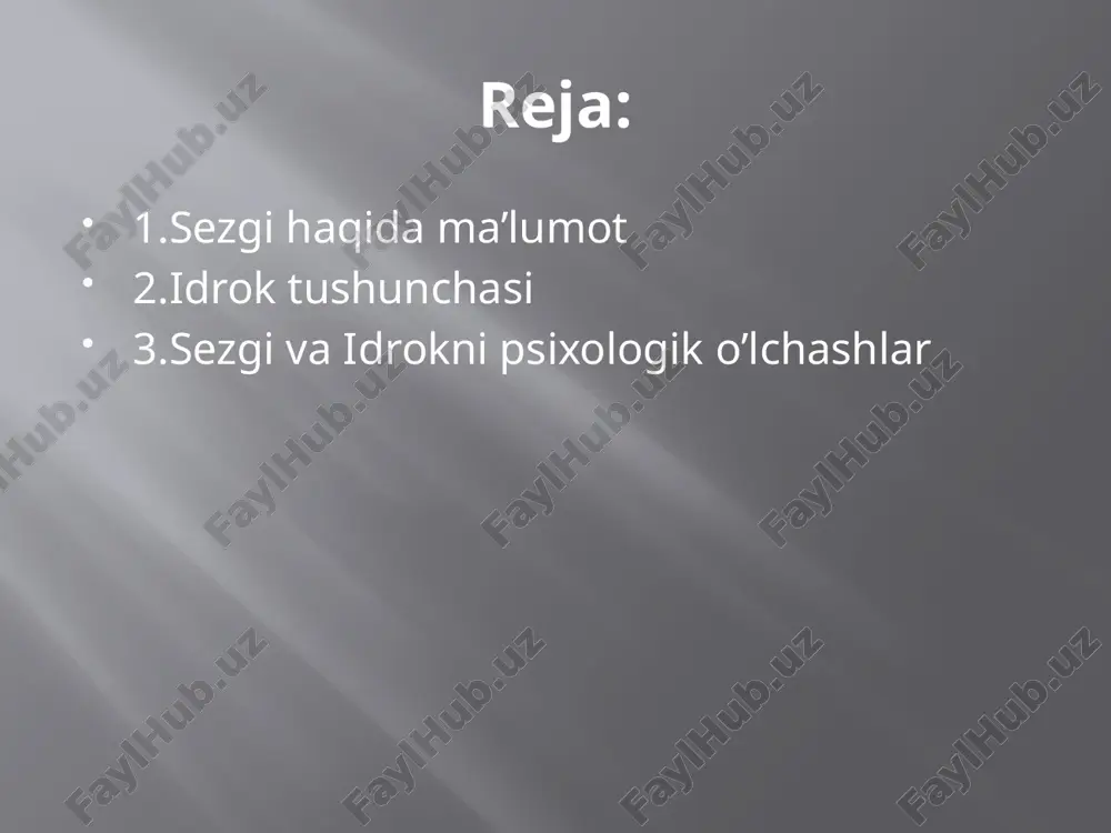 uni turtburchak deb, stakandagi qoshiq sinik ko’rinsa xam uni butun deb idrok qilamiz demak biz..... demak, idrok faqat narsa emas, idrok etayotgan subyektning uziga xam bog’likdir. idrokda xamisha idrok etuvchi kishi shaxsining xislatlari, uning idrok etilayotgan narsalarga munosabati, kishining extiyojlari, kizikishlari, intilishlari, istaklari va xis-tuygulari u yoki bu tarzda aks etadi. (kandaydir shakllarni «uchburchak», «aylana», «krujka» deb idrok kilish). . odamda vaqt chamalash miya qobigi bulmalarida ro’y beradi. miya qobigining ma’lum bir joyida vakt chamalash ro’y beradi, vaktni sarxisob qilishning maxsus markazi mavjud degan taxmin asossizdir. vaqtni idrok etilishi negizini qo’zgalish va tormozlanishning ritmik tarzda almashinuvi, markaziy nerv sistemasida, bosh miya yarimsharlarida kuzgalish va tormozlanish jarayonlarinig susayishi oqibatidir nazorat savollari. 1.idrok haqida tushuncha 2.idrokning xususiyatlari 3.idrok turlari 4.idrokning rivojlanishi /docprops/thumbnail.jpeg