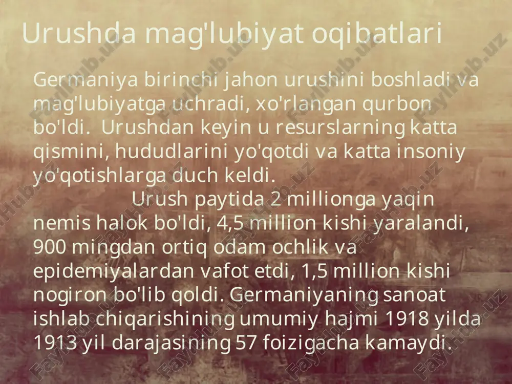 gallashga intildilar. va fashizmdan keyingi himoya (veymar respublikasi) mamlakatni himoya qilmadi. gitler va uning hamfikr odamlari millatchilikni ommaviy "zombi"qilish vositasi sifatida ishlatishgan. ular faqat o'zlariga o'xshaganlarni ko'rishdi va ularga o'xshamaganlarning hammasi dushman deb nomlangan. ehtimol, bu versal shartnomasi uchun boshqa mamlakatlarga nisbatan norozilik edi. natsistlar aholining ishchi qatlamiga ta'sir ko'rsatishga harakat qilishdi, chunki bu aholining eng katta qatlamlaridan biri. shunday qilib, millatchilik, antisemitizm, zo'ravonlikka sig'inish, kengayish fashistik mafkuraning asosini tashkil etdi. adolf gitlerning tarjimai holi adolf gitler 1889 yil 20 aprelda avstriyaning braunau shahrida tug'ilgan. adolf gitlerning oilasi haqida ko'p narsa ma'lum, ammo hamma narsa juda chalkash. u oilada 4 bola edi va u qiyin xarakterga ega edi, aynan uning yordami bilan a. gitler maktabda 2 yillik o'qish uchun qoldirildi. 1900 yil kuzidan boshlab u lints shahridagi real bilim yurtida tahsil oladi, u rassom bo'lishni xohlaydi. gitler yaxshi rasm chizdi, lekin u yaxshi o'qimadi va maktabni tark etishga majbur bo'ldi. …
