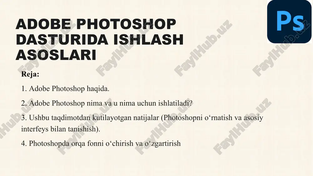 sining dastlabki ko‘rinishi. dasturni o‘rnatish jarayoni (2-qism) adobe installer oynasi va "install" tugmasi. qo‘shimcha paketlar (masalan, visual c++ redistributable package)ni o‘rnatish muhimligi. kerakli variantlarni tanlash va davom etish. dasturni o‘rnatish jarayoni (3-qism) o‘rnatish tilini tanlash ("english (north america)" tavsiya etiladi). dastur o‘rnatiladigan joyni tanlash (default location tavsiya etiladi). "continue" tugmasi orqali o‘rnatishni yakunlash. photoshop dasturini ishga tushirish dasturni birinchi marta ishga tushirgandagi "welcome" ekrani. "create new" (yangi loyiha yaratish) va "open" (mavjud loyihani ochish) tugmalarining vazifasi. ish joyiga rasm tashlash imkoniyati. yangi hujjat ochish "create new" tugmasini bosish natijasida ochilgan yangi hujjat (new document) muloqot oynasi, loyihaning boshlang'ich parametrlarini sozlash imkonini beradi. yuqorida recent, saved, photo, print, art & illustration, web, mobile, film & video kabi bo'limlar mavjud bo'lib, ular turli xil loyihalar uchun standart o'lchamlar to'plamini taklif qiladi. preset details (o'ng tomonda) bo'limida: width (kenglik) va height (balandlik) (o'lchov birligi bilan - masalan, pixels). resolution (zichlik) (odatda 300 ppi). …