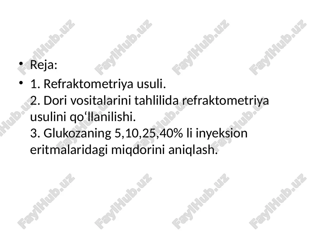 shi indeksini o'lchash yorug'lik to'lqin uzunligi 589,3 nm (natriy spektrining d chizig'i) da amalga oshiriladi. sinishi indeksini aniqlashning zaruriy sharti harorat rejimiga rioya qilishdir. odatda aniqlash 20±0,30s da amalga oshiriladi. konsentratsiya quyidagi formula bo'yicha hisoblanadi: sinishi va molekulyar tuzilishi refraktsiya qo'shimcha miqdordir. refraktometriyadan fanda foydalanish 19-asrning oʻrtalarida, organik birikmalarning gomologik qatorining qoʻshni aʼzolarining molekulyar sinishi oʻrtasida oddiy bogʻliqlik mavjudligi aniqlangandan keyin boshlandi: ushbu munosabatga ko'ra, gomologik qatorning k-a'zosining molekulyar sinishi qatorning birinchi a'zosi va ch2 guruhining k-1 molekulyar sinishi yig'indisi sifatida ifodalanishi mumkin: usulda ishlatiladigan refraktometrlar. refraktometr irf-454 b2m irf-454b2m refraktometri agressiv bo'lmagan suyuqliklar va qattiq moddalarning sinishi indeksini va o'rtacha dispersiyasini o'lchash uchun mo'ljallangan. irf-454 b2m refraktometri bir qator afzalliklarga ega: - o'lchash tezligi; - texnik xizmat ko'rsatish qulayligi; -qimmatbaho materiallar bilan ishlashda ayniqsa muhim bo'lgan sinov moddasining minimal iste'moli. refraktometr alr-3 shaffoflik va rangdan qat'i nazar, past va yuqori yopishqoqlikka ega bo'lgan keng diapazondagi suyuq muhit kontsentratsiyasini sinash …