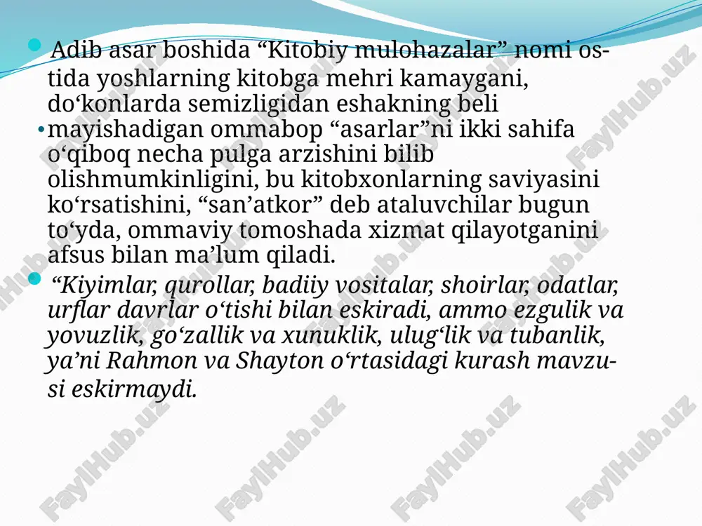 ob haqida quyidagi fikrlarni bildirdi: “kitobsiz xalq – bu madaniyatsiz xalq, madaniyatsiz elat, madaniyatsiz qavm. hayotlarida kitob paydo bo‘lmas ekan, ular jaholot botqog‘iga botib yotaverishadi. kitobsiz millat – jaholatga g‘arq bo‘layotgan millat, jaholatga g‘arq bo‘layotgan xalq. u qanchalik taraqqiy etgan bo‘lmasin, kitob o‘qimay qo‘ysa, uning tanazzuli boshlanadi. agar dinlar tarixiga nazar solsangiz, insoniyatni jaholatdan, jaholatga g‘arq bo‘lgan qavmlar kabi yashashdan qutqarish uchun kitoblar tushgan. boshqa narsa emas, aynan kitob tushgan. bu yerda ramz, ishora, timsol bor. insonni faqat kitob, kitobga asoslangan ma’naviyat qutqarishi azaldan peshonasiga bitib, yozib qo‘yilgan. faqat kitob odamzotni biologik jonivordan idrokli mavjudotga aylantira oldi. . aslida kitobsiz madaniyatning, madaniy ongning o‘zi yo‘q. kitob insonni iloh bilan bog‘lab, unga oliy haqiqatga boradigan yo‘lni ko‘rsatib turuvchi rishta, ilohiy cho‘lg‘anish, ilohiy poklanish, forig‘lanish va quvvatlanish. har bir o‘qilgan asar – bu ko‘nglimizga quvvat, tafakkurimizga quvvat, ongimizga va shuurimizga, tilimizga quvvatdir. xalq og‘zaki ijodi ham aslida kitob. faqat shakli og‘zaki. bu …