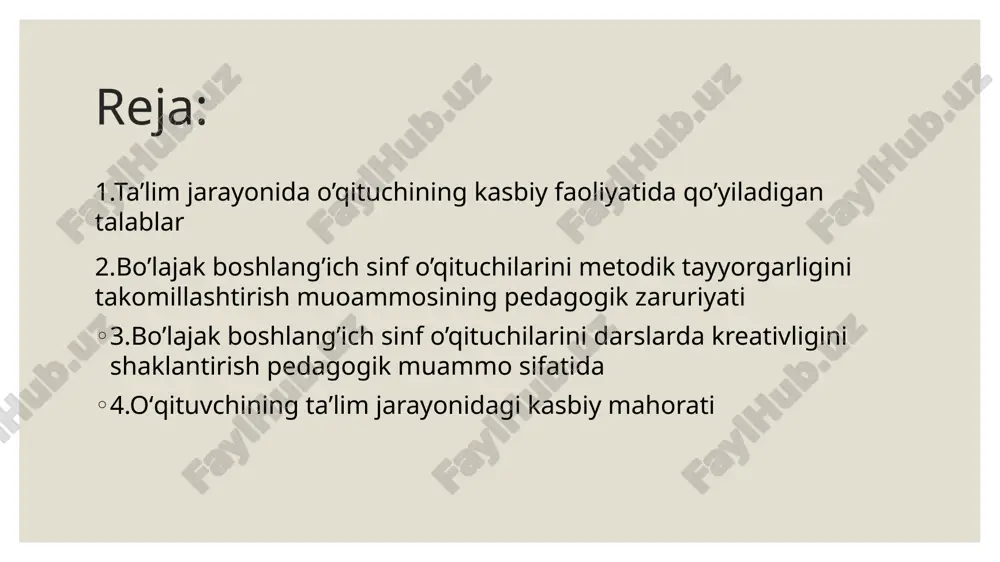 b gigiyenasidan chuqur bilimlarga ega bo`lishi; . o`zi dars beradigan fan bo`yicha mustahkam bilimga ega bo`lib, o`z kasbi, sohasida jahon fanida erishilgan yangi yutuq va kamchiliklardan xabardor bo`lishi; - ta’lim va tarbiya metodikasini egallashi; - o`z ishiga ijodiy yondashishi’ - boalarni bilishi, uning ichki dunyosini tushuna olishi; - pedagogik taxnikani ( mantiq, nutq, ta’limnig ifodali vositalari) va pedagogik taktga ega bo`lishi; - o`qituvchining o`z bilim va pedagogik mahoratini doimiy ravishda oshirib borishi. har bir o`qituvchi ana shu talablarga eng yuqori darajada mos keladigan bo`lishi uchun intilishi kerak. . boʼlajak boshlangʼich sinf oʼqituvchilarida metodik tayyorgarlikni takomillashtirishda zamon talablaridan kelib chiqib yondashish muximdir. bunda oʼqituvchilarning metodik tayyorgarligini oshirish uchun, ularda zarur pedagogik bilimlar (oʼqituvchi mehnati, uning pedagogik faoliyati xususiyatlari, muloqot, shaxs toʼgʼrisida, oʼquvchilarning psixik rivojlanishlari, ularning yosh xususiyatlari toʼgʼrisidagi psixologiya, pedagogik maʼlumotlar), koʼnikmalar (etarlicha yuqori darajada bajarilgan xatti-harakatlar) shakllantirish lozim . ilmiy adabiyotlar tahlil shuni koʼrsatdiki, zamonaviy ruhiy-pedagogik ilm-fanda tadqiqotlarning ikkita mustaqil …