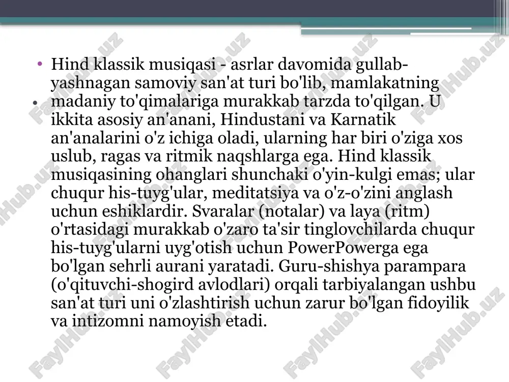 , ifodali yuz ifodalari va rang-barang liboslar hindistonning madaniy merosi va badiiy nafisligini o'zida mujassam etgan. . yana bir tarixiy manbaga murojaat qiladigan bo‘lsak, ulug‘ olim mirzo ulug‘bek tarag‘ayning «risola dar ilmi musiqa» (musiqa ilmi haqida risola) kitobining «dar bayoni duvozdah maqom» (o‘n ikki maqom zikrida) bobida shunday fikrlar keltiriladi: xoja abdulqodir ibn adurahmon marog‘iy, xoja sayfidin abdulmo‘min, sulton uvays jaloiriylarning so‘zlariga qaraganda, avvalda maqomlar yettita bo‘lgan : «maqomi rost», «maqomi ushshoq», «maqomi navo», «maqomi roho», «maqomi hijoz», «maqomi iroq», «maqomi husayniy». yana ushbu risolada ulug‘ bobomiz ulug‘bekning o‘zi tanbur va nog‘orani juda yaxshi chalganligini, «bulujiy», «shodiyona», «axloqiy», «tabriziy», «usuli ravon», «usuliy otlig‘» singari kuylarni ixtiro qilganligini ta’kidlab o‘tadi. . “musiqiy ta’lim”mataxassisligi bo’yicha magistrlarni ilmiytadqiqot va pedagogik faoliyat uchun tayyorlash; musiqiy-pedagogik bilimlarni sisitemali ravishda o’rganish, bo’lajak ilmiy- tadqiqot va pedagogik faoliyatda qo’llash; sharq mamlakatlarining musiqiy madaniyati haqida keng qamrovli ma’lumotlarga ega bo’lish; musiqiy- estetik va musiqiy- pedagogik faoliyat uchun tayyorgarlikni …