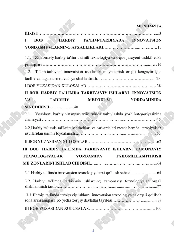 qlari bilan hamqadam bo‘lolmaymiz.”. shavkat mirziyoyev mavzuning dolzarbligi. yoshlarni harbiy vatanparlik ruhida tarbiyalash o‘sib kelayotgan yosh avlodning millati, tili, kasbi va ijtimoiy kelib chiqishidan qat’iy nazar vatanga bo‘lgan sadoqatini shakllantirish, fuqarolik burchlarini va konstitutsiyaviy majburiyatlarni bajarishga, jamiyat va davlatimizning manfaatlarini himoya qilishga qodir shaxslar etib tarbiyalashga yo‘naltirilgan davlat organlari, jamoat birlashmalari va tashkilotlarning ko‘p bosqichli, tizimli, maqsadli va muvofiqlashtirilgan faoliyatiga aytiladi. yoshlarni harbiy vatanparlik ruhida tarbiyalashda ta’lim muassasalarining faoliyati asosiy rol o‘ynaydi. sababi yoshlarning asosiy vaqti ta’lim muassasida ta’lim-tarbiya olishga qaratilgan bo‘lib, maktabgacha ta’lim, umumiy o‘rta ta’lim maktablari, o‘rta maxsus, kasb-hunar ta’limi va oliy ta’lim muassasalarida beriladi. shaxsni shakllantirish keng qamrovli tushuncha hisoblanib, unda bevosita ta'lim va tarbiya masalalari ham o‘rin olgan. o‘zbekiston respublikasi prezidenti sh.m.mirziyoyev ta’lim to‘g‘risida quyidalarni ta’kidlagan: “ta'lim-tarbiya – bu bizning kelajagimiz, hayot-mamot masalasi. shu bois, bu sohadagi islohotlarni kechiktirishga haqqimiz yo‘q. qanchalik murakkab bo‘lmasin, maktab ta'limida poydevorni bugundan mustahkam qo‘yishimiz kerak. chunki biz ko‘p vaqt yo‘qotganmiz. …