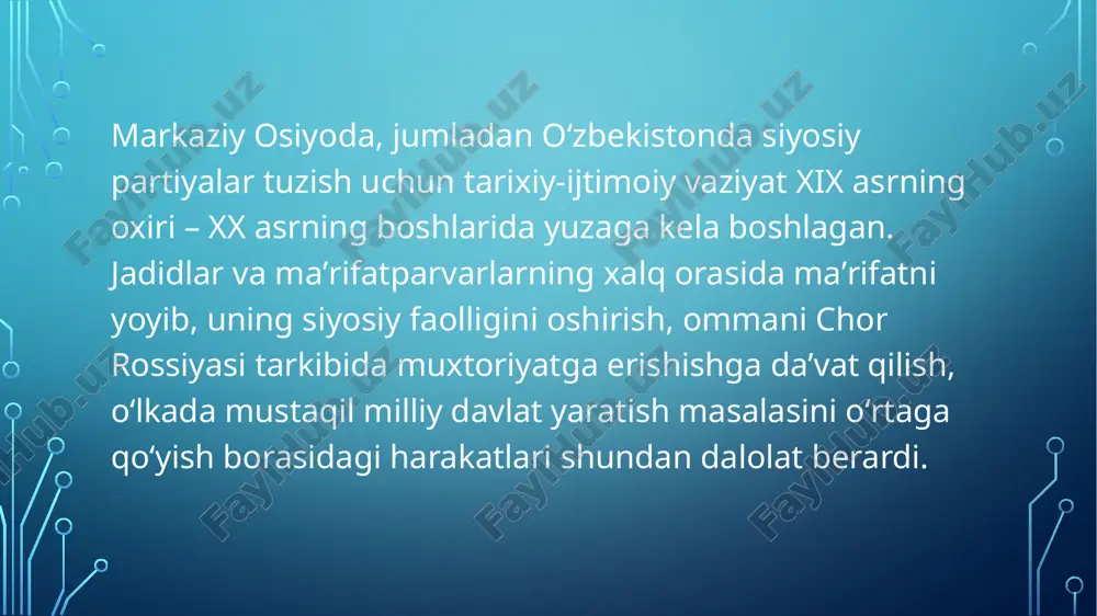 zi boshqarish, qonuniylik va oshkoralik asosida tuziladi va faoliyat koʻrsatadi. lekin, konstitutsiyaviy tuzumni zoʻrlik bilan oʻzgartirishni maqsad qilib qoʻyuvchi; oʻzbekiston respublikasi suverenitetiga, yaxlitligi va xavfsizligiga, fuqarolarning konstitutsiyaviy huquq va erkinliklariga qarshi chiquvchi; urushni, ijtimoiy, milliy, irqiy va diniy adovatni targʻib qiluvchi; xalqning sogʻligʻi va maʼnaviyatiga tajovuz qiluvchi; milliy va diniy ruhdagi partiyalarni tuzish va ularning faoliyat koʻrsatishi taqiqlanadi. siyosiy partiyalar toʻgʻrisidagi oʻzbekiston respublikasining qonuni boʻyicha, huquqni muhofaza qiluvchi organlarda xizmat qiluvchi shaxslar (sudyalar, prokurorlar va prokuratura tergovchilari); ichki ishlar organlari, milliy xavfsizlik xizmati xodimlari, harbiy xizmatchilar, xorijiy davlatlarning fuqarolari va fuqaroligi boʻlmagan shaxslar siyosiy partiyalarga aʼzo boʻla olmaydilar. siyosiy partiyalarga aʼzolik faqat yakka tartibda qayd etiladi. bir partiyaning aʼzosi ayni vaqtda ikkinchi partiyaga aʼzolikka qabul qilinmaydi. siyosiy partiyalarni tuzish uchun kamida 8 ta hududiy subʼyektda (viloyatda), shu jumladan, qoraqalpogʻiston respublikasi va toshkent shahrida yashayotgan hamda partiyaga birlashish istagida boʻlgan kamida 20 ming fuqaroning imzosi boʻlishi talab etiladi. siyosiy partiyalar saylab …