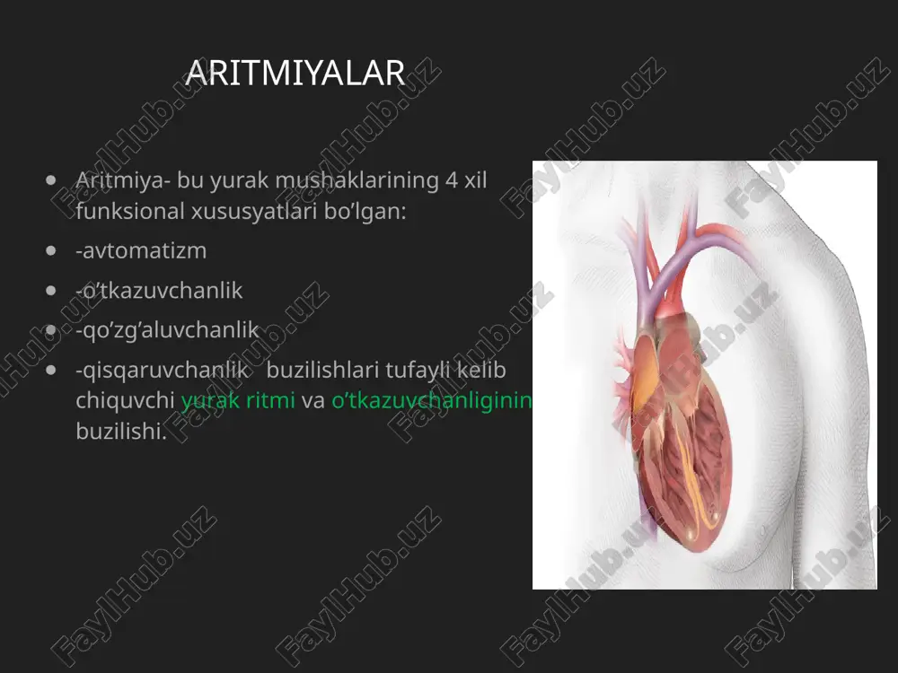 interval deyiladi. r tishi bo’lmalar kompleksi hisoblanadi. davomiyligi 0,1sekunt. qrs tishlar qorinchlar kompleksi deyiladi t tishi qorinchalarning depolyarizasiyasini ko’rsatdi yurak avtomatizmini buzilishi avtomatizm - yurakni o’tkazuvchi yo’llaridan hosil bo’luvchi impulslar ta’sirida yurak mushaklarini qisqarishi. bu tashqi ta’sirlarsiz yurak mushaklarini elektr impulslar hosil qilish xususiyatidir. miokardni qisqaruvchi hujayralari bu xususiyatga ega emas. quyidagilar orqali impulslar o’tkaziladi: 1) sinus tuguni (60-80ta minutiga); 2) atrio-ventrikulyar tugun ( 40-60 ta minutiga); 3) giss tutami (20-30ta); 4) purkine tolalari (25-45). avtomatizm buzilishining 2 xil ko’rinishi mavjud: 1) nomotop aritmiya. – sinusli taxikardiya - sinusli bradikardiya -sinusli (nafas) aritmiyasi 2) ektopik (geterotop) aritmiya. - tugunli ritm; - idioventrikulyar ritm. taxikardiya bu yurak avtomatizmini kuchayishi natijasida yuqs ni 1 minutda 120-160 dan oshishi. etiologiyasi: fiziologik: patologik: sog‘lom odamda 1.yuqt yetishmovchiligi jismoniy yoki ruhiy 2. tireotoksikozda zo’riqishda, emotsi- 3. tog’ kasalligida yalarda 4. gipertermiyada 5. qon ketishlarda 6. infeksiyalarda patogenezi nerv va gumoral omilga bog’liq. 1) nerv sistema- …