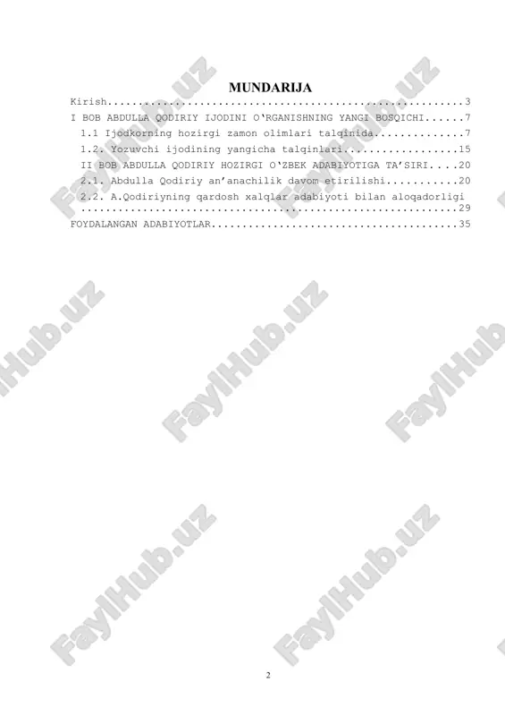‘dodli yozuvchi o‘rganish, haqidagi tadqiqotlarga munosabat bildirish dolzarb doimo bo‘lib turaveradi, ahamiyati hech qachon yo‘qolmaydi. tadqiqot ob’ekti va predmeti; mazkur kurs ishisiga obeyekt sifatida a.qodiriy ijodini tanladik. diqqat markazimizga yozuvchining romanlari, bu asarlari to‘g‘risida o‘zbek va jahon adabiyotshunosligida bildirgan fikrlar, maqolalar, kitoblari tadqiq qilish turadi. o‘zbek qodiriyshunoslikning ilk bosqichlari, ulardagi yutuqlar va kamchiliklari, umumlashtirishda manbalarga tayandik. o‘zbek va jahon qodiriyshunosligi ilmiy tadqiqotlarga munosabat bildirishga urindik. tadqiqot ob'ekti; yozuvchi ijodi to‘g‘risida alohida tadqiqot olib borgan m.qo‘shjonov, b.karimov kabi qodiriyshunoslarning kitoblari (m.qo‘shjonov “abdulla qodiriyning tasvirlash san'ati”, b.karimovning “abdulla qodiriy germenevtikasi”)ni tahlil qilishga intildik. tadqiqot predmeti; kurs ishisidan ko‘zlangan asosiy maqsad o‘zbek qodiriyshunosligiga istiqlol mafkurasi nuqtai nazaridan yondashish. a.qodiriy ijodini baholashdagi xilma-xillikni oydinlashtirish, qaysi olim a.qodiriy ijodini baholashda xolis yondoshgan, to‘g‘ri xulosa chiqargan. bosh vazifamiz sho‘rolar davridagi qodiriyshunoslik bilan mustaqillik yillaridagi qodiriyshunoslikdagi o‘ziga xosliklarni ko‘rsatish, m.qo‘shjonov, a.aliyev, i.mirzayev, b.karimov kabi qodiriyshunos olimlarning bu yo‘nalishdagi kitoblariga munosabat bildirishdan iboratdir. tadqiqot maqsadi va vazifalari; 1. …