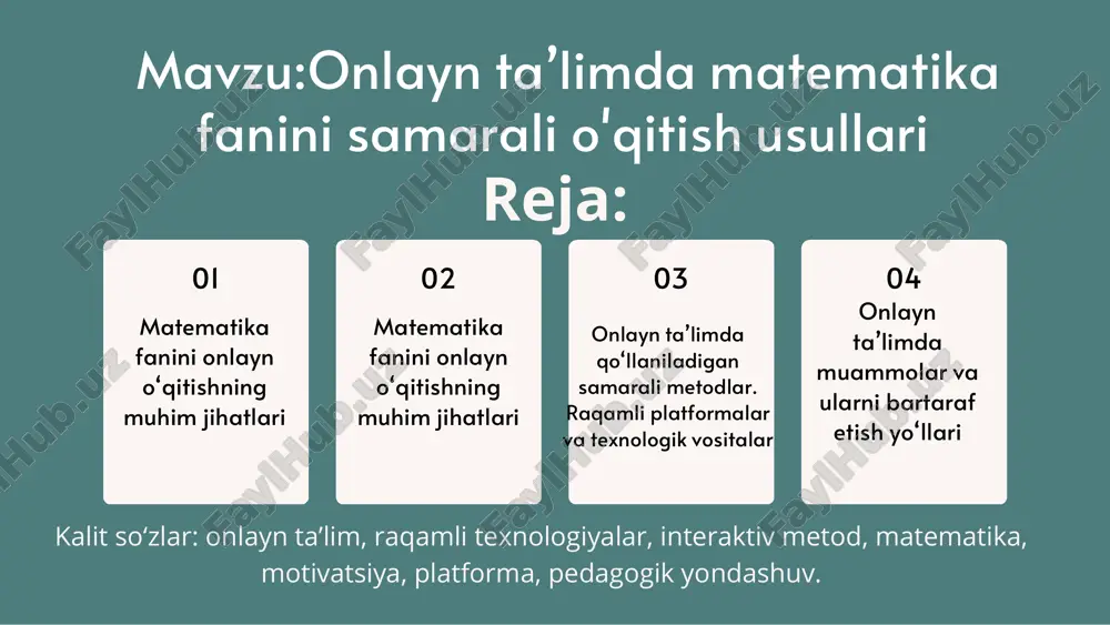 lidagi “visualis” so‘zidan olingan bo‘lib, u “ko‘rish”, “ko‘rinadigan” degan ma’noni anglatadi. 📘 ma’nosi: ma’lumot yoki tushunchani ko‘rish orqali tasvirlash (grafik, rasm, diagramma, sxema va h.k. ). muhim jihatlar: 1. platforma imkoniyatidan to‘liq foydalanish. 2. vaqtni to‘g‘ri taqsimlash. 3. talabalarning faol ishtirokini ta’minlash. 4. mavzularni bosqichma-bosqich tushuntirish. 5. nazorat tizimini adolatli tashkil etish. savol: nega ayrim talabalar onlayn darslarda faol, ayrimlari esa sust bo‘ladi, deb o‘ylaysiz? savol: onlayn muhitda vizualizatsiya matematika tushunchalarini o‘zlashtirish darajasiga qanday ta’sir qiladi? onlayn ta’limda qo‘llaniladigan samarali metodlar 1. “flipped classroom” (ag‘darilgan sinf) metodi) : talaba darsdan oldin videoni tomosha qiladi, dars vaqtida esa muhokama va masalalar yechiladi. ➡ bu metod talabani faol fikrlashga o'rgatadi. 2. “problem-based learning” (muammo asosida o‘qitish) matematik masala yoki real hayotiy muammo beriladi. talabalar jamoa bo‘lib yechim topadilar ➡ tahliliy fikrlashni rivojlantiradi. 3. “gamifikatsiya” (o‘yinli yondashuv) . masalan, kahoot, quizizz orqali testlarni o‘yin shaklida tashkil etish. ➡ talabaning ishtiyoqini oshiradi. 4. “peer-to-peer” …