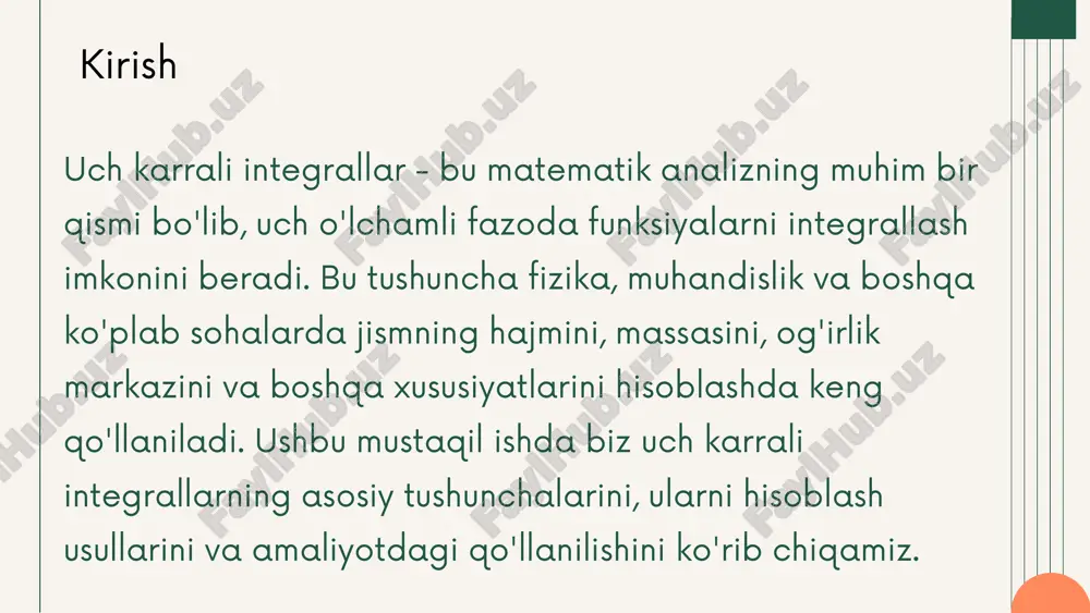 qi integrallarni hisoblang. v sohasi 0 ≤ x ≤ 1, 0 ≤ y ≤ x, 0 ≤ z ≤ x + y chegaralangan bo'lsin. f(x, y, z) = x funksiyaning integralini hisoblang: ∭v x dv = ∫01 ∫0x ∫0x+y x dz dy dx ∫0x+y x dz = x[z]0x+y = x(x + y) o'rta integral: ∫0x x(x + y) dy = ∫0x (x2 + xy) dy = [x2y + x(y2/2)]0x = x3 + x3/2 = (3/2)x3 1. dekart koordinatalarida integral hisoblash: integral: tashqi integral: ∫01 (3/2)x3 dx = (3/2)[x4/4]01 = (3/2)(1/4) = 3/8 demak, ∭v x dv = 3/8 v sohasi silindr bo'lib, x2 + y2 ≤ 4, 0 ≤ z ≤ 3 chegaralangan. f(x, y, z) = x2 + y2 funksiyaning integralini hisoblang: ∭v (x2 + y2) dv silindrik koordinatalarga o'tamiz: x = r cos θ, y = r sin θ, x2 + y2 = r2, dv = r dr …