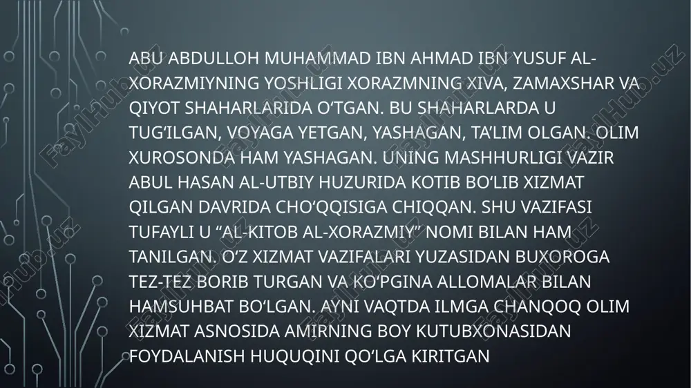 borat falsafa, to‘qqiz bobdan iborat mantiq, sakkiz bobdan iborat tib, besh bobdan iborat arifmetika, to‘rt bobdan iborat handasa, shuningdek, to‘rt bobdan iborat ilm an-nujum, uch bobdan iborat musiqa, ikki bobdan iborat mexanika va uch bobdan iborat kimyodir. shunday qilib, asar ikki qismdan iborat bo‘lib, unda o‘n besh ilm to‘qson uch bobda bayon etilgan. abu abdulloh al-xorazmiy bo‘yicha ilmlar tasnifining shakli quyidagicha: shariat va u bilan bog‘liq “arab” ilmlari. 1. fiqh, ya’ni musulmon huquqshunosligi. 2. kalom, ya’ni din asoslari. 3. grammatika. 4. ish yurgizish. 5. she’riyat va aruz. 6. tarix. “arab bo‘lmagan” ilmlar (yunon va boshqa xalqlar). 1. tabiiy ilmlar — tibbiyot (tib, samoviy hodisalar — meteorologiya, mineralogiya, alkimiyo, mexanika) — quyi; 2. riyoziyot ilmlari (arifmetika, handasa, ilm an-nujum, musiqa) — o‘rtanchi; 3. ilohiy, ya’ni metafizika — oliy ilm; 4. mantiq. 5. axloq — etika (odamni boshqarish); 6. uyshunoslik (uyni boshqarish); 7. siyosat (shaharni, mamlakatni boshqarish). “mafotih al-ulum”da ilmlar tasnifi har …