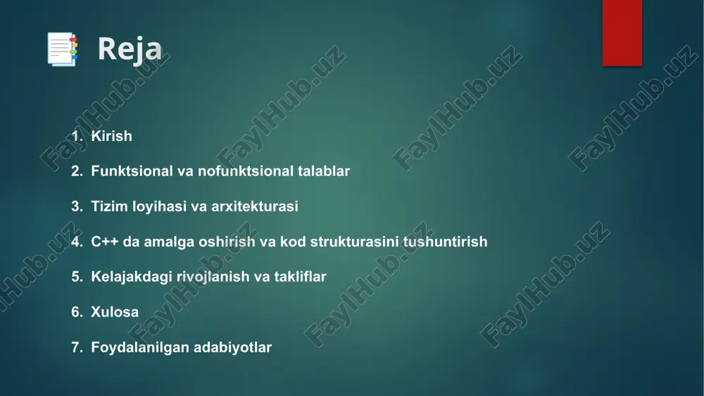 talablar tizimning nima qilishi kerakligini ta'riflaydi. kitob do'koni tizimi quyidagi funksiyalarni bajarishi kerak: kitoblarni qidirish va filtrlash: foydalanuvchi kitoblarni nomi, muallifi, narxi yoki turiga ko'ra qidirish va filtrlash imkoniyatiga ega bo'lishi kerak. buyurtma berish: foydalanuvchi kitobni savatga qo'shish va buyurtma berish imkoniyatiga ega bo'lishi kerak. to'lov tizimi: kitoblar uchun to'lovlarni amalga oshirish, masalan, kredit kartasi yoki elektron to'lov tizimlari orqali. buyurtmalarni boshqarish: foydalanuvchi o'zining buyurtmalarini ko'rish, ularni tahrirlash yoki bekor qilish imkoniyatiga ega bo'lishi kerak. maxsus takliflar va chegirmalar: mijozlarga maxsus chegirmalar yoki takliflarni ko'rsatish. nofunktsional talablar nofunktsional talablar tizimning qanday ishlashini ta'riflaydi. kitob do'koni tizimi uchun asosiy nofunktsional talablar quyidagilardan iborat: samaradorlik (performance): tizim tez ishlashi kerak, foydalanuvchilar kutmasdan kitoblarni qidirish va buyurtma berishni amalga oshirishlari lozim. xavfsizlik (security): mijozlarning ma'lumotlari, shu jumladan to'lov ma'lumotlari, xavfsiz saqlanishi kerak. kengaytirilish (scalability): tizim yuqori talablarni bajarish uchun kengaytirilishi mumkin bo'lishi kerak, masalan, ko'proq foydalanuvchi yoki kitoblar qo'shilsa. ishonchlilik (reliability): tizim doimiy …