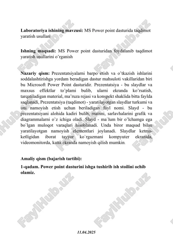 oz, ekran lavhalarini joylash uchun ham vstavka bo’limiga murojaat qilamiz. ular multimedia qismida joylashgan. 8-qadam. konstruktor bo’limi orqali taqdimot dizaynini o’zgartirishimiz mumkin. biz dizaynini qo’lda tayyorlaganimiz uchun bu bo’limda faqat orqa foniga o’zgartirish kiritamiz. 9-qadam. perexodi bo’limida taqdimot slaydlari uchun chiqish animatsiyalarini qo’llaymiz. 10-qadam. taqdimotimizdagi har bir obyekt uchun alohida animatsiya qo’shish uchun animatsiya bo’limidan foydalanamiz. bu bo’limda obyektlarga kirish, chiqish, namoyish animatsiyalarini qo’llashimiz mumkin. 11-qadam. format figuri bo’limida shakllarimiz formatini o’zgartirishimiz mumkin. xulosa: power pointda bunday taqdimotlar yaratish ishimiz unumdorligini va sifatini oshiradi. ayniqsa darslarda o’quvchilar diqqatini jalb qilish va ular uchun tushunarli bo’lishi uchun ajayib vosita bo’lib xizmat qiladi. foydalanilgan adabiyotlar: 9-mavzu_-power-point-dasturida-ishlash.-reja_-taqdimotlar-uchun.pdf (axborot-resurs.uz) 11.04.2025 image3.png image4.png image5.png image6.png image7.png image8.png image9.png image10.png image11.png image12.png image13.png image14.png image1.png image2.png