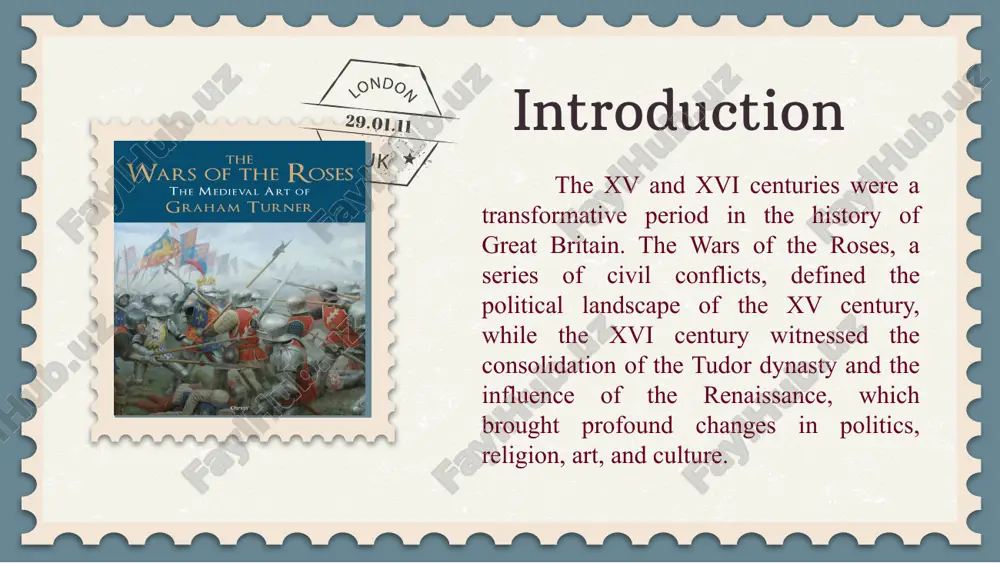 enry vii’s reign brought stability. centralization of power: the monarchy strengthened at the expense of the nobility. end of feudal conflicts: the war marked the decline of feudal armies and baronial power. the tudor era and the renaissance in england (16th century) with the end of the wars of the roses, england entered the tudor era, which brought economic growth, religious transformation, and cultural flourishing influenced by the european renaissance. established strong fiscal policies and reduced the power of nobles. encouraged trade and economic prosperity. arranged the marriage of his son arthur to catherine of aragon to strengthen ties with spain. henry vii (1485–1509) henry viii (1509–1547) break with the catholic church: established the church of england in the 1530s, separating from the pope’s authority. dissolution of the monasteries: confiscated church lands, increasing royal wealth. military and diplomatic affairs: engaged in conflicts with france and scotland. six marriages: his personal …