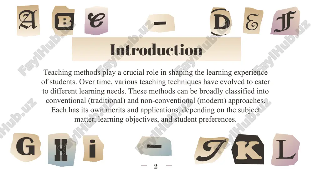 rk. technology-based learning – using computers, videos, and online tools. self-directed learning – students take responsibility for their learning. 7 non-conventional methods of teaching adapts to different learning styles. helps develop critical thinking and creativity. advantages of non-conventional methods encourages active participation and teamwork. makes learning more practical and engaging. 9 requires more preparation and resources. can be hard to measure progress. some students may find it difficult to learn on their own. may not fit well with traditional exams. 10 disadvantages of non-conventional methods conclusion both conventional and non-conventional teaching methods have benefits. conventional methods provide structure, while non-conventional methods make learning interactive and fun. a combination of both can create an effective learning environment. 11 thanks! do you have any questions? 12 credits: this presentation template was created by slidesgo, and includes icons by flaticon and infographics & images by freepik image1.png image2.png image3.png image4.jpg