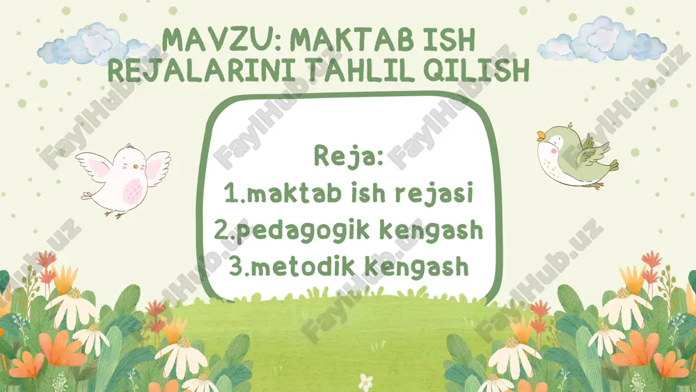maktab ish rejasi odatda yillik tuziladi va direktor yoki metodistlar tomonidan tasdiqlanadi. bu hujjat barcha pedagoglar va boshqa xodimlar uchun yo‘l-yo‘riq bo‘lib xizmat qiladi. pedagogik kengash bu maktab yoki boshqa ta'lim muassasasining boshqaruv organi bo‘lib, ta'lim va tarbiya jarayonining samaradorligini oshirish, o‘quv-tarbiya faoliyatini rejalashtirish va muhim qarorlar qabul qilish uchun tashkil etiladi. pedagogik kengashning asosiy maqsadi: ta’lim-tarbiya jarayonini boshqarish va takomillashtirish. maktabning pedagogik faoliyatini muvofiqlashtirish. o‘quvchilarning intellektual, axloqiy va jismoniy rivojlanishini ta'minlashga qaratilgan masalalarni hal qilish. . ta’lim-tarbiya jarayonini rejalashtirish va tahlil qilish: o‘quv yili rejalarini ishlab chiqish va muhokama qilish. o‘quvchilarning bilim, ko‘nikma va malakalarini baholashni tashkil etish. ta’lim sifatini oshirish: ilg‘or pedagogik texnologiyalarni joriy etish va yangi metodlarni muhokama qilish. o‘qituvchilarning malakasini oshirish va rivojlantirishni nazorat qilish. o‘quvchilar va o‘qituvchilarni rag‘batlantirish: o‘quvchilarning yutuqlari va qobiliyatlarini aniqlash va rivojlantirish. o‘qituvchilar va xodimlarni mukofotlash yoki rag‘batlantirish masalalarini muhokama qilish. vazifalari: 1 2 3 result tarbiyaviy jarayonlarni rivojlantirish: tarbiyaviy ishlarning samaradorligini …