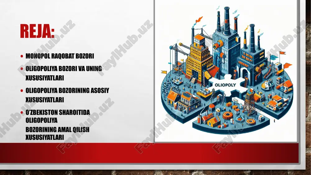 agi o’zgaris, albatta boshqa xuddi shunday tovar ishlab chiqarayotgan firmaga ta’sir o’tkazishidadir. oligopol bozorning asosiy xususiyati oligopol bozorda ishlab chiqarilayotgan tovar bir turdagi ham diversifikatsiyalashgan ham bo’lishi mumkin.agarda iste’molchilar biror-bir firma savdo belgisiga alohida e’tibor qaratmasalar,bozordagi aksariyat tovarlar absolyut o’rnini bosuvchi tovarlar bo’lsa,bu bozor sof yoki bir turdagi oligopoliya bozori hisoblanadi.bunday bozorlarga misol qilib,alyuminiy,sement,qog’oz,kimyo mahsulotlarini keltirish mumkin. sof yoki bir turdagi oligopoliya oligopoliya bozorining asosiy modellari kurnonning duopoliya modeli kurno modelida har bir firma mahsulot ishlab chiqarish bo’yicha qaror qabul o’zgarmas deb qaraydi. kartel modeli kartel modeli duopol bozordagi ikkita firmaning ma’lum bir shartnoma birgalikda kelishib harakat qilishiga aytiladi. narx belgilashda liderlik modeli narx belgilashda liderlikda lider firma narxni birinchi bo’lib qilganda,raqobatchi firma tomonidan asosida raqobatchi kuchlarni belgilaydi,qolganlar uning narxiga ishlab chiqariladigan mahsulot hajmini bozordan chetlatish maqsadida qarab begilaydi o’zbekiston sharoitida oligopoliya bozorining amal qilish xususiyatlari sof monopoliya monopolistik raqobat oligopoliya monosponiya tarmoqdagi yagona ishlab chiqaruvchi yoki sotuvchining narx va …