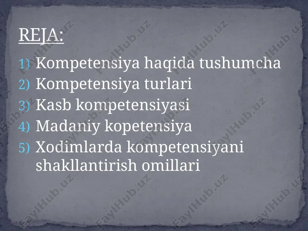 ktika va pedagogika asoslarini biladi. amaliy ko‘nikmalar va malakalar – kasbga oid ishlarni amalda bajarish qobiliyati. masalan: shifokor — tahlil natijalarini talqin qila oladi, dasturchi — kod yozadi. kasb kompetensiyasining tarkibiy qismlari kommunikativ kompetensiya – hamkasblar, rahbarlar, mijozlar bilan to‘g‘ri muloqot o‘rnatish. har qanday kasbda muloqot madaniyati juda muhim. tashkiliy kompetensiya – ish jarayonini rejalashtirish, vaqtni to‘g‘ri taqsimlash, jamoada ishlay olish. axloqiy (etik) kompetensiya – kasbiy axloq qoidalariga rioya qilish, halollik, mas’uliyat. innovatsion kompetensiya – yangi texnologiyalarni o‘zlashtirish, o‘z ustida ishlash, yangilikka ochiqlik. madaniy kompetensiya — bu shaxsning turli madaniyatlar, qadriyatlar, urf-odatlar va dunyoqarashlarga hurmat bilan yondashish, ularni tushunish hamda madaniyatlararo muloqotni samarali olib borish qobiliyatidir. boshqacha aytganda, madaniy kompetensiya — bu insonning o‘z milliy madaniyatini bilgan holda, boshqa madaniyat vakillari bilan ham to‘g‘ri, samimiy va hurmat asosida munosabat o‘rnatish qobiliyati. madaniy kompetensiya madaniy bilimlar o‘z va boshqa xalqlarning madaniyati, tarixi, urf-odatlari, diniy qadriyatlari haqida bilimga ega bo‘lish. masalan: milliy …