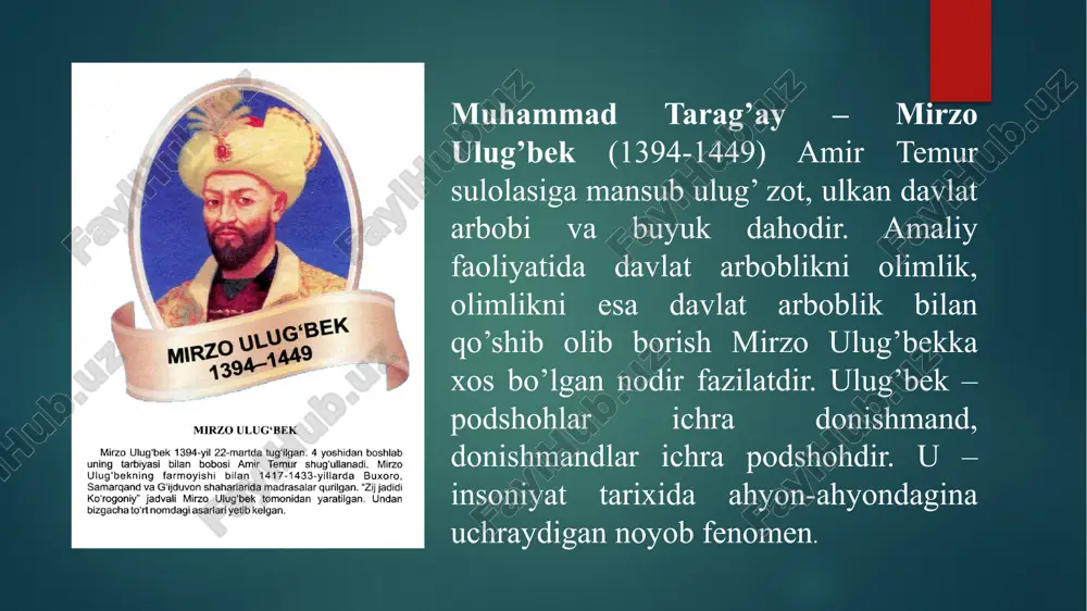 taqvimdan dars olar, ba’zi kechalari, qor tinib osmon yorishgan paytlarida yulduzlarning o’rni va harakatini kuzatish bilan mashg’ul bo’lar edi. taniqli olim bo’riboy ahmedovning ma’lumotlariga ko’ra, mavlono badriddin samarqandda bo’lgan vaqtda ulug’bekni qo’ksaroydagi xos kutubxonasiga boshlab borib, kutubxonaga yangi kelib tushgan abulqosim firdavsiyning «shohnoma»sini ko’rsatadi. shu erda mavlono badriddin ulug’bekka alloma al-farg’oniy tarafidan bitilgan «kitob fi javome’ ilm an-nujum va usul al harakat as-samoviya» («yulduzlar haqidagi ilm bilan osmon yoritgichlari harakatining asosini (bir-biriga), qo’shuvchi kitob»)ni ko’rsatadilar. 1411yilda 17yoshli ulug’bek mirzo movarounnahr va turkistonning hokimi etib tayinlanishi temuriylar xonadonida uning mavqei naqadar yuksak ekanligidan dalolat beradi. ulug’bek hokim bo’lgach, bobosidan farqli o’laroq harbiy yurishlar bilan kiziqmadi. aksincha, u o’rta asrlardagi boshqa xokimlardan o’zgacha yo’l tutdi, ko’proq ilm-fanga moyil edi. lekin, afsuski, ulug’bekning boshlang’ich ma’lumoti va murabbiy hamda ustozlari haqida to’liq ma’lumotga ega emasmiz. shunday bo’lsa-da, munajjim mavlono ahmad ulug’bekning dastlabki ustozlaridan biri bo’lsa kerak, deb taxmin qilish mumkin, chunki bu kishi amir …