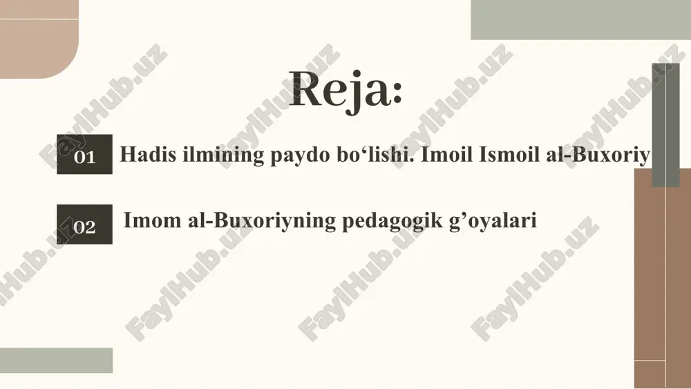 cha qorong’u kechalari sham yorug‘i va oyning nurida ijod qilib, kitob yozar ekan. e’dodli, o‘tkir zehnli hamda ziyrak olim bo‘lgan. tunda yodiga bexosdan biror-bir fikr-mulohaza tushib qolsa, shamni yoqib, darhol o’sha fikmi qog'ozga tushirar, shu taxlitda ba’zan shamni yigirma martagacha o‘chirib-yoqar ekan”. rivoyatlarga ko‘ra, u qaysi bir kitobni qo‘lga olib, bir marotaba mutoala qilsa, unda bayon etilgan barcha fikrlar, ma’lumotlami yodda saqlab qolavergan. olti yil hijoz shahrida yashab, u yerda yetuk muhaddislardan hadis ilmi bo‘yicha, damashq, qohira, basra va bag‘dod shaharlarining mashhur olimlaridan esa fiqh ilmi bo‘yicha ta’lim oladi. ma’lumotlarga ko‘ra, imom ismoil al-buxoriy 600 mingga yaqin hadisni to‘plagan., 100 ming “sahih” va 200 ming “g‘ayri sahih” hadislami yod olgan. imom ismoil al-buxoriy uzoq safardan ona yurti buxoroga qaytgach, talaba va ulamolarga hadis ilmidan saboq beradi va mazkur ilmning targibotchisiga aylanadi. rivoyatlarga ko‘ra, xalifaning buxorodagi noibi xolid ibn ahmad ibn xolid az- zuhaliy uni saroyga kelib hadis ilmidan saboq berishga …